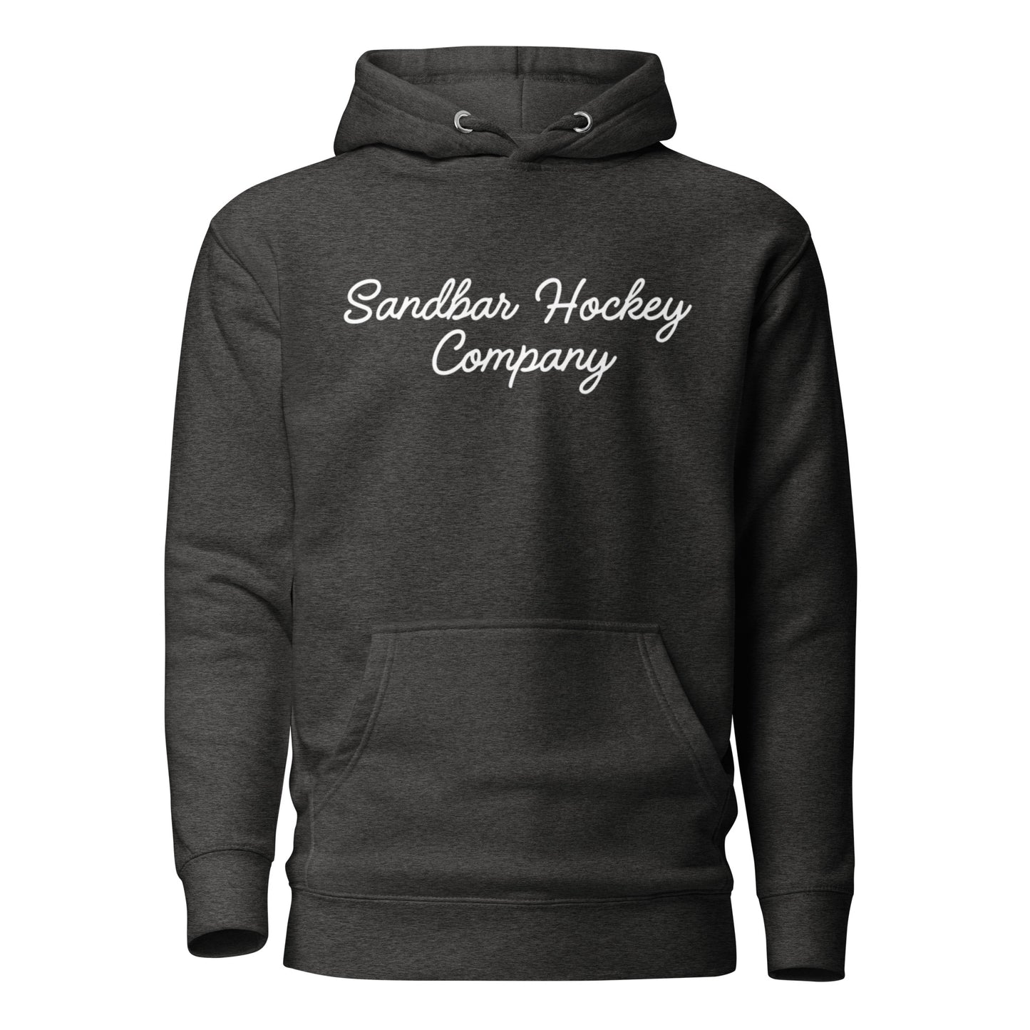 Charcoal heather hockey hoodie shown from the front, featuring a white Sandbar Hockey Company script logo across the chest.