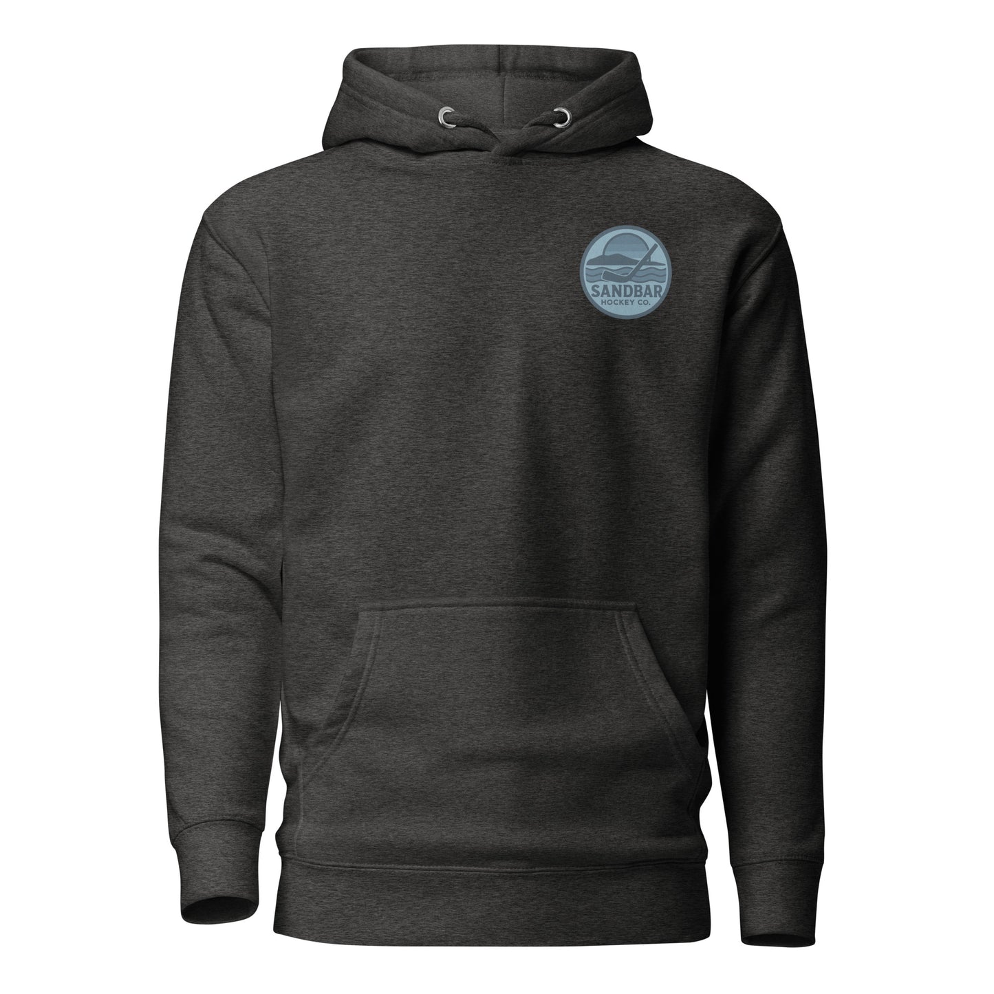 Charcoal heather fishing hockey hoodie front side with small blue Sandbar Hockey logo