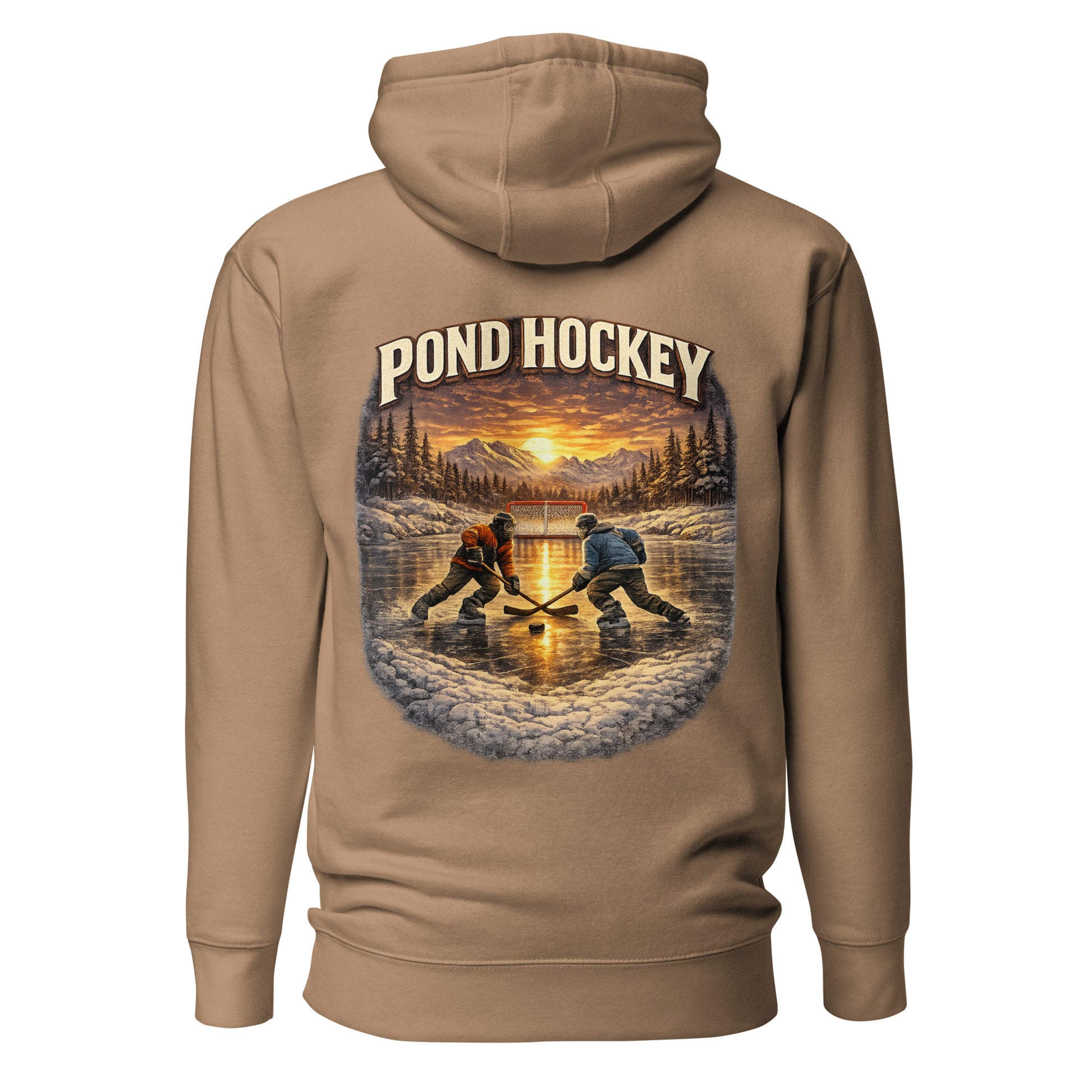Latte tan pullover hoodie with a large back graphic showing two hockey players on a frozen pond at sunset, with mountains, pine trees, a net in the background, and “POND HOCKEY” in bold lettering above.
