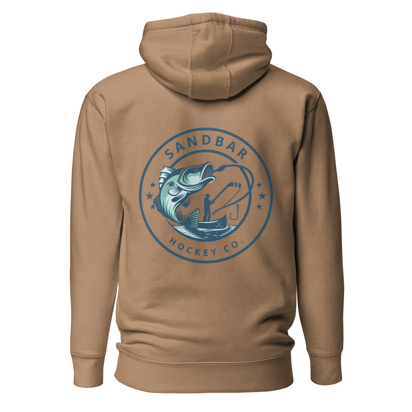 Latte brown fishing hockey hoodie back side with large circular bass fishing logo and fisherman holding hockey stick silhouette