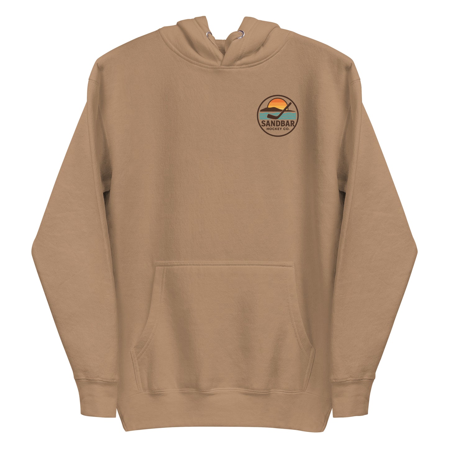 Brown hockey hoodie with a small circular front chest logo showing a sunset over water with a hockey stick and the text “Sandbar Hockey Co.”