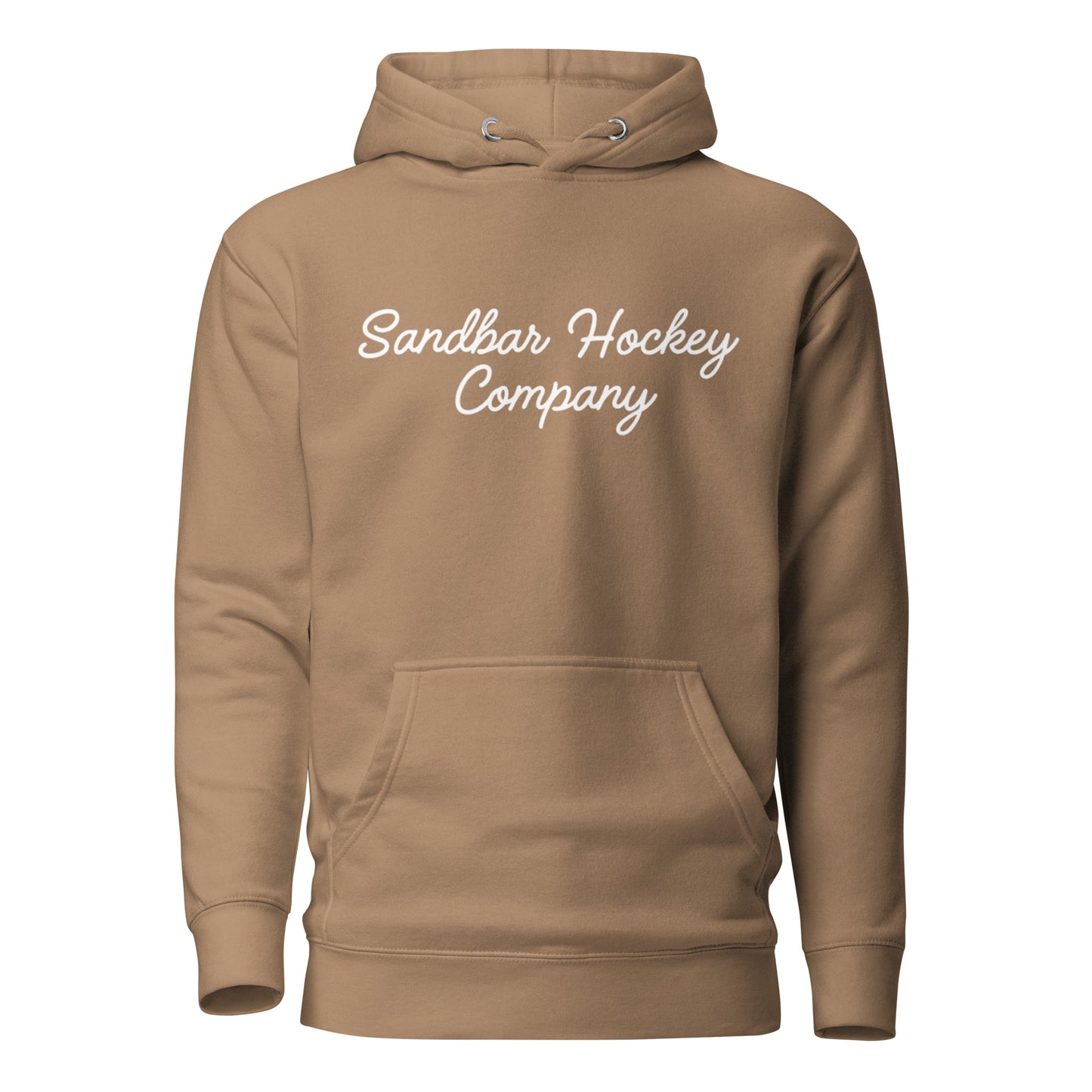 Latte tan pullover hoodie with “Sandbar Hockey Company” printed in white script across the upper chest and a front kangaroo pocket.