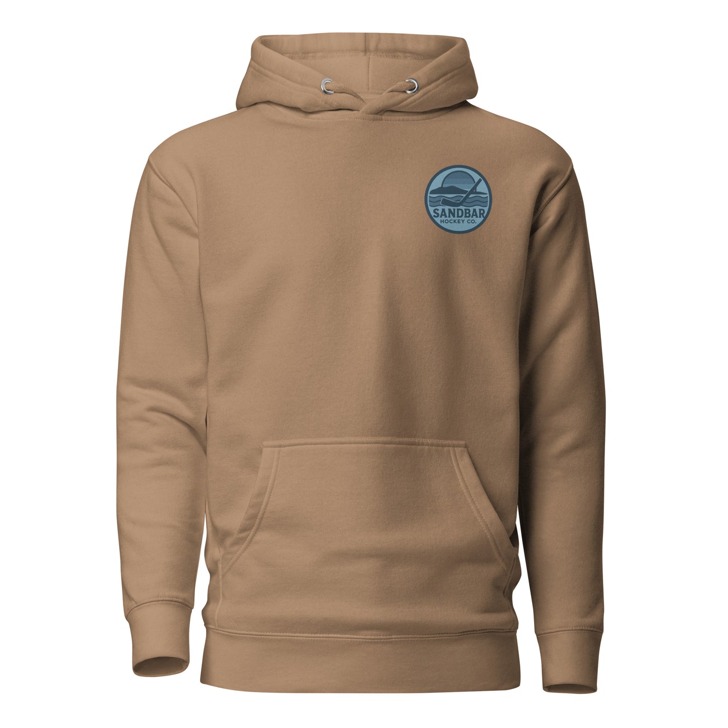 Latte brown fishing hockey hoodie front side with small blue Sandbar Hockey logo