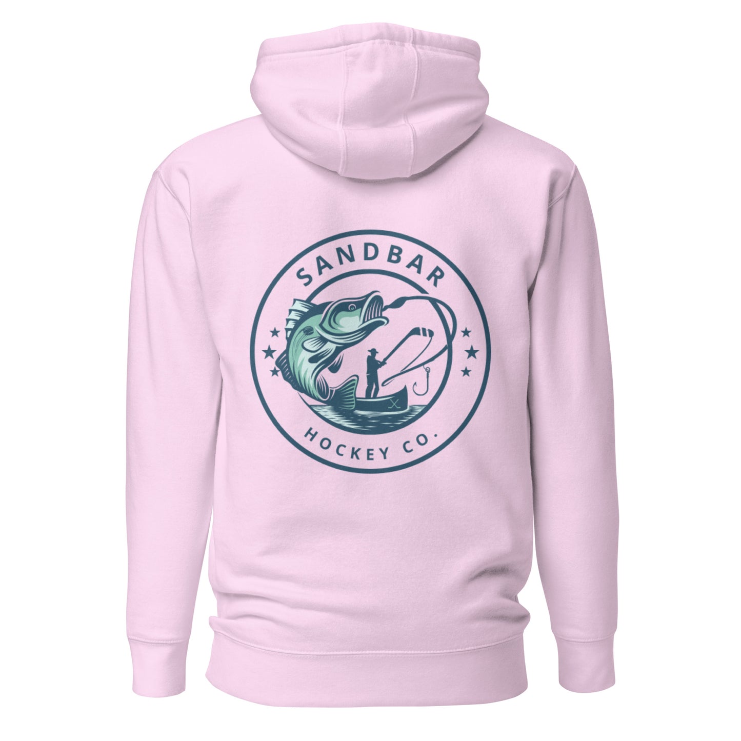 Lavendar fishing hockey hoodie back side with large circular bass fishing logo and fisherman holding hockey stick silhouette