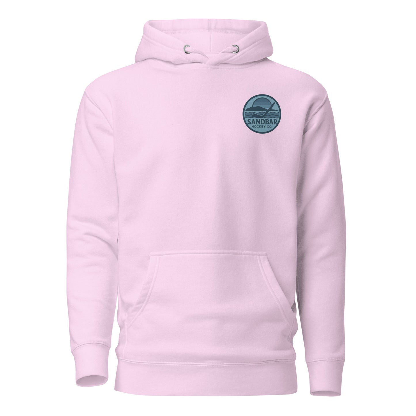 Lavender fishing hockey hoodie front side with small blue Sandbar Hockey logo