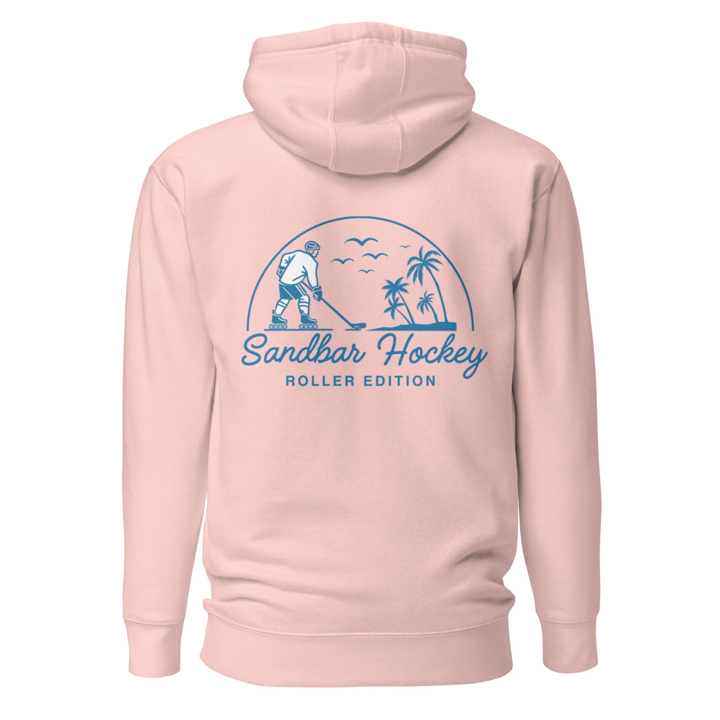 Pink coastal roller hockey hoodie with a large blue Sandbar Hockey Roller Edition graphic on the back featuring a roller hockey player, palm trees, birds, and a curved sunset design