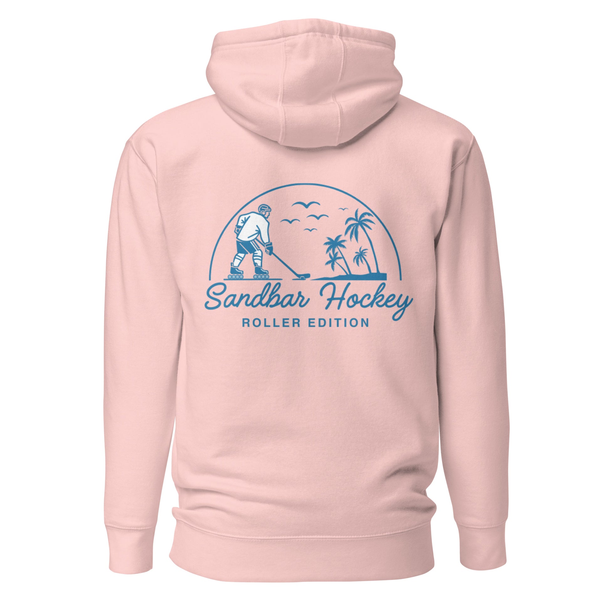Pink coastal roller hockey hoodie with a large blue Sandbar Hockey Roller Edition graphic on the back featuring a roller hockey player, palm trees, birds, and a curved sunset design