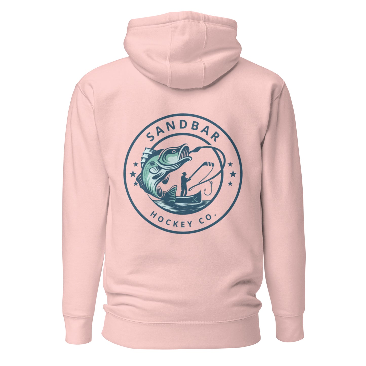 Pink fishing hockey hoodie back side with large circular bass fishing logo and fisherman holding hockey stick silhouette