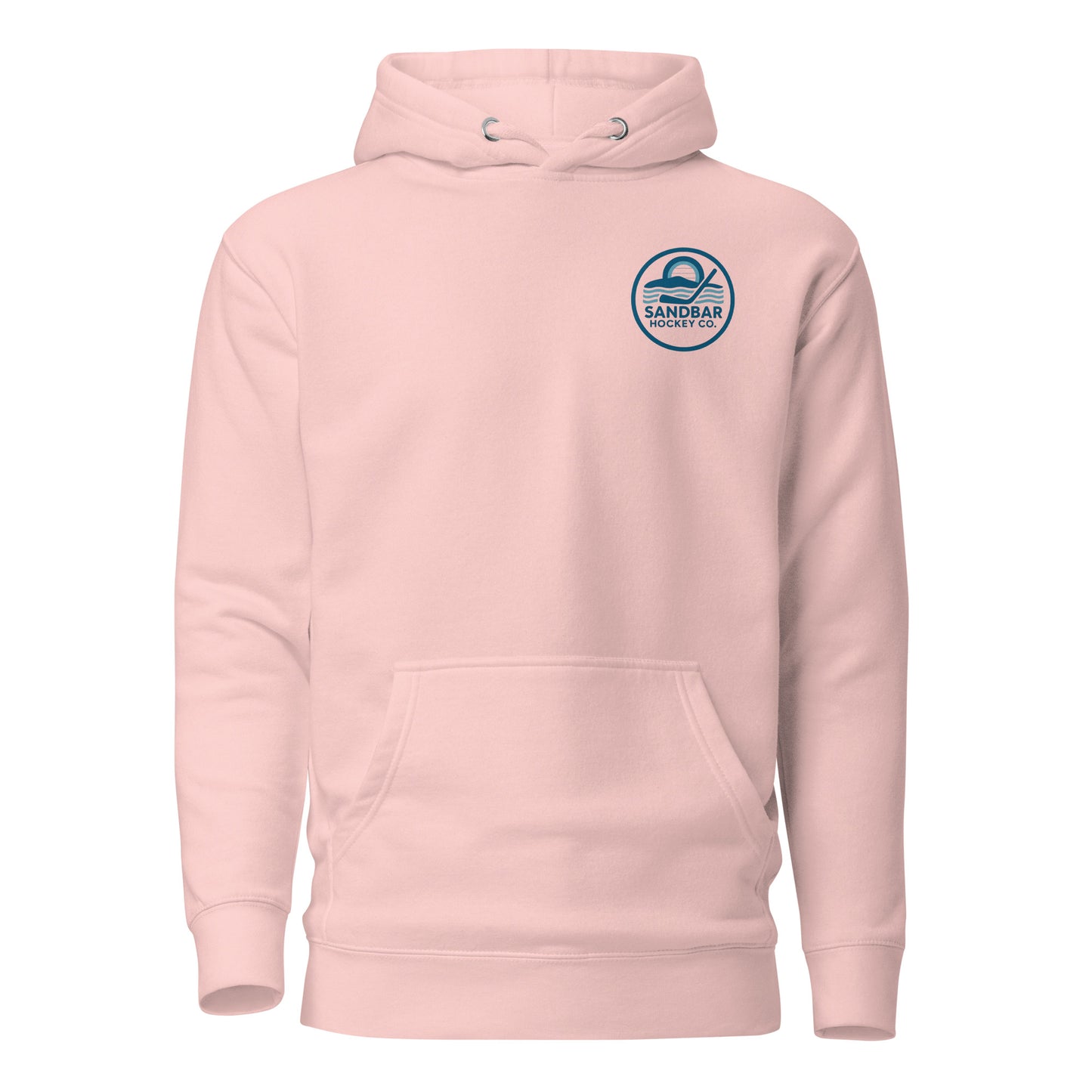 Pink coastal roller hockey hoodie with a small blue round Sandbar Hockey Co. logo on the front left chest