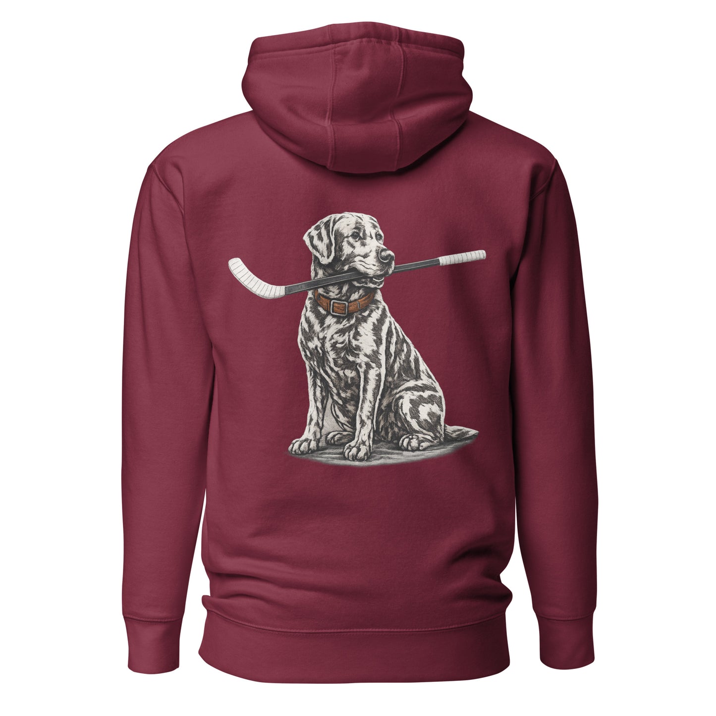 Maroon hockey hoodie shown from the back, featuring the large dog-with-hockey-stick graphic across the back.