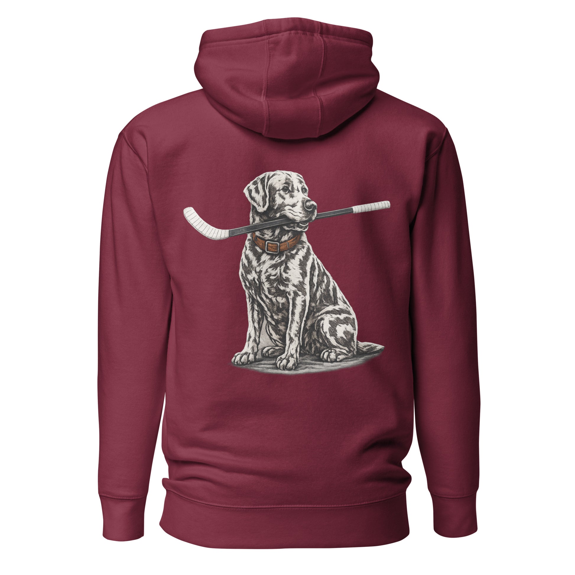 Maroon hockey hoodie shown from the back, featuring the large dog-with-hockey-stick graphic across the back.