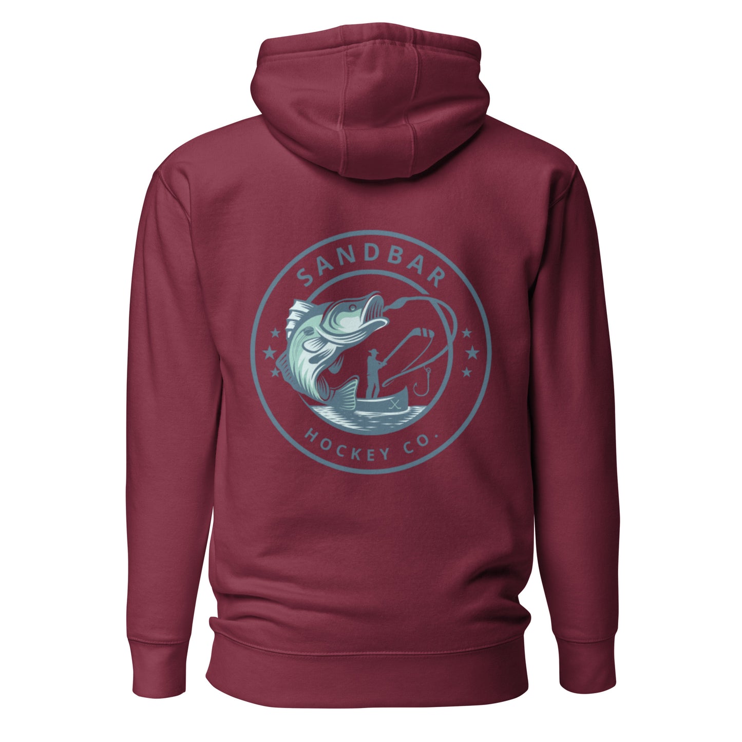 Maroon fishing hockey hoodie back side with large circular bass fishing logo and fisherman holding hockey stick silhouette