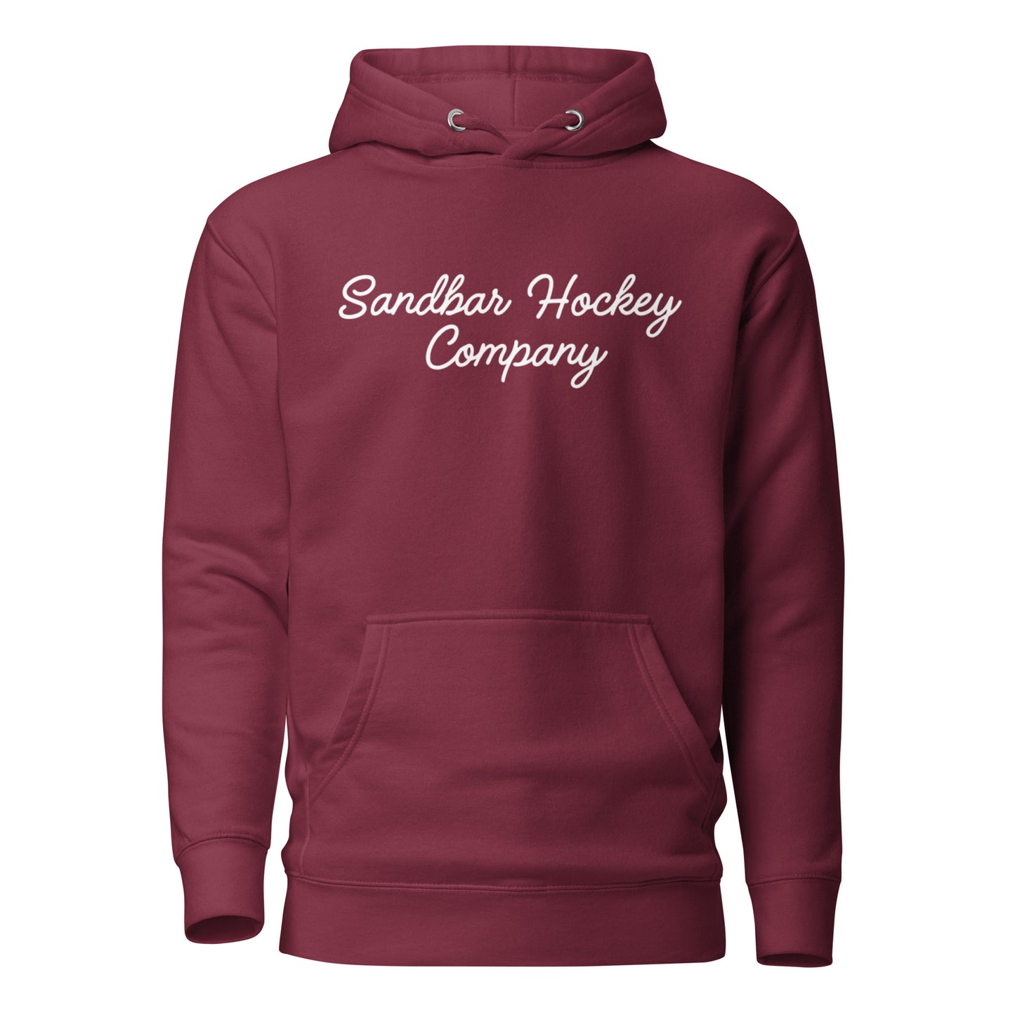 Maroon hockey hoodie shown from the front, featuring a white Sandbar Hockey Company script logo across the chest.