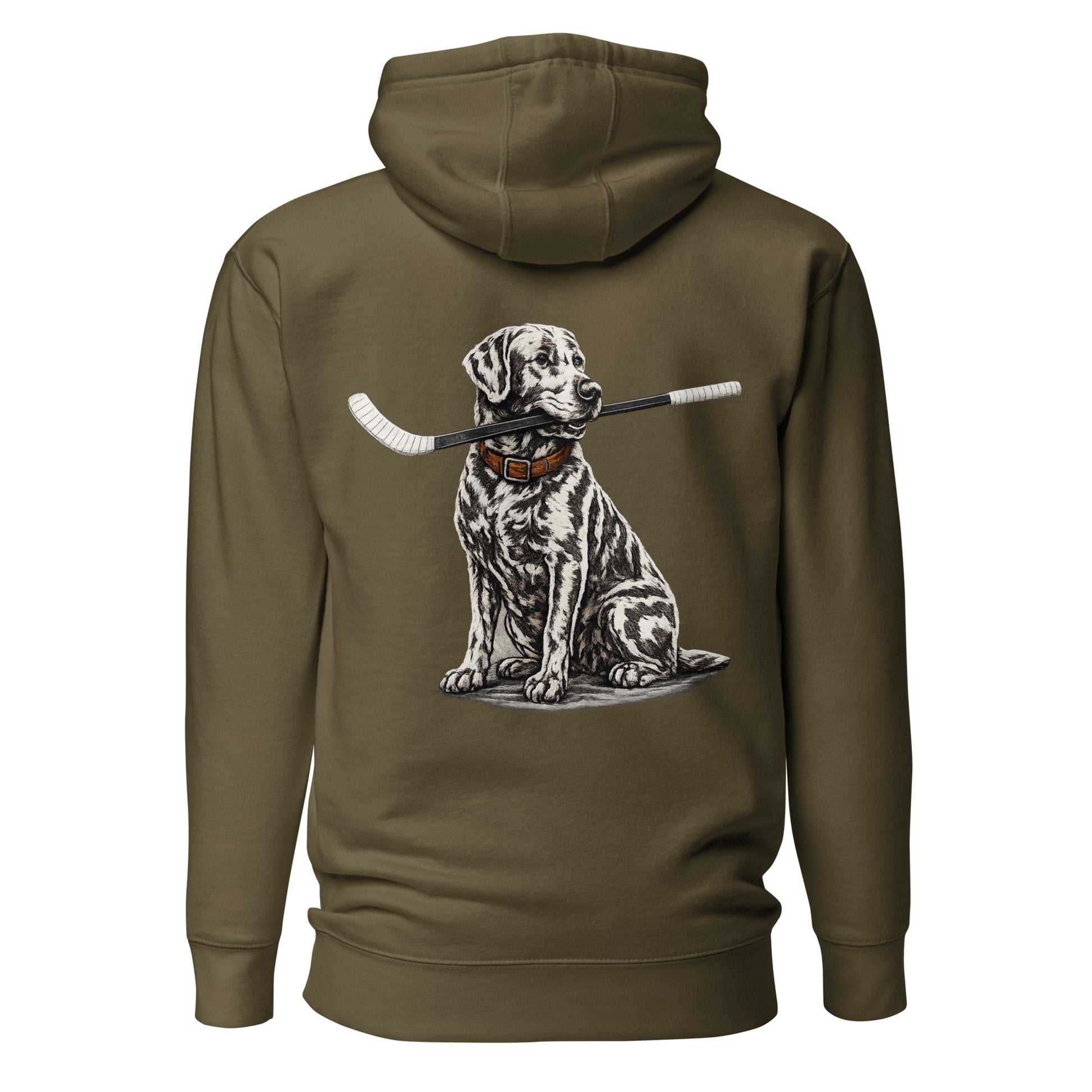 Military green hockey hoodie shown from the back, featuring the large dog-with-hockey-stick graphic across the back.