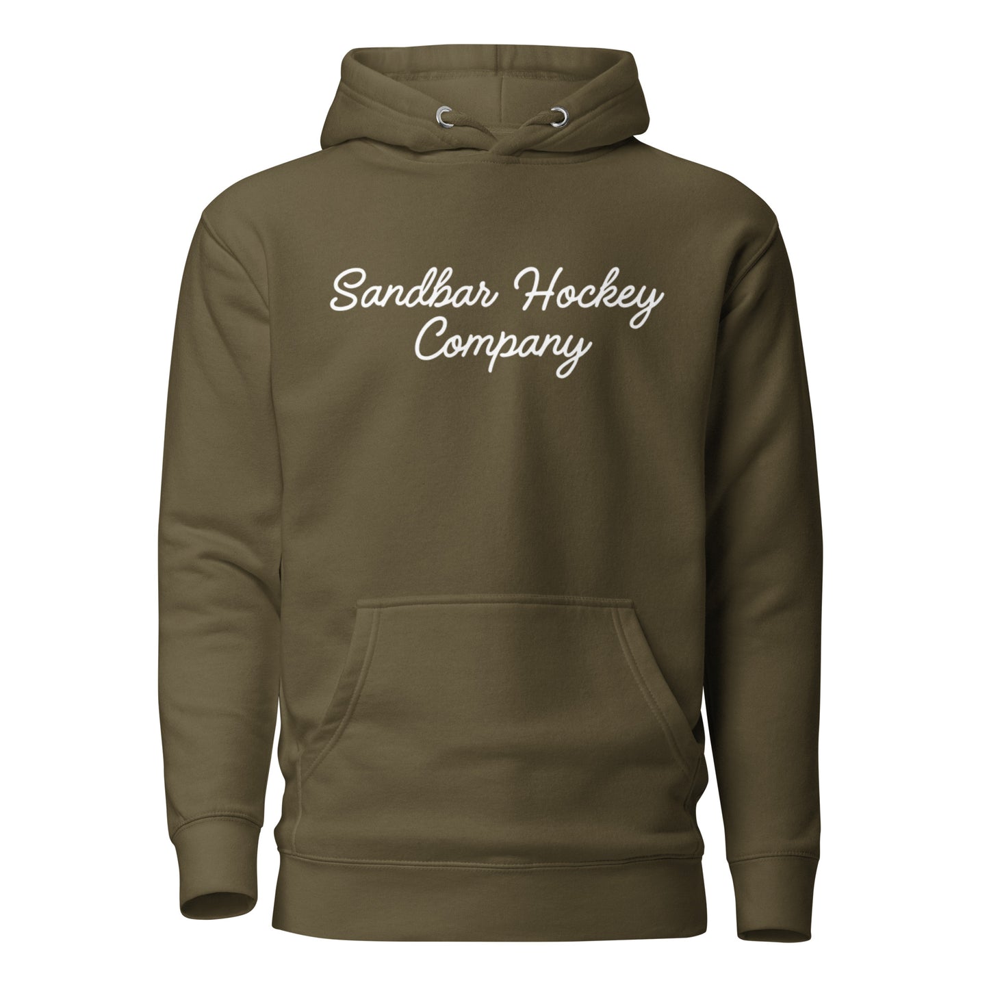 Military green hockey hoodie shown from the front, featuring a white Sandbar Hockey Company script logo across the chest.