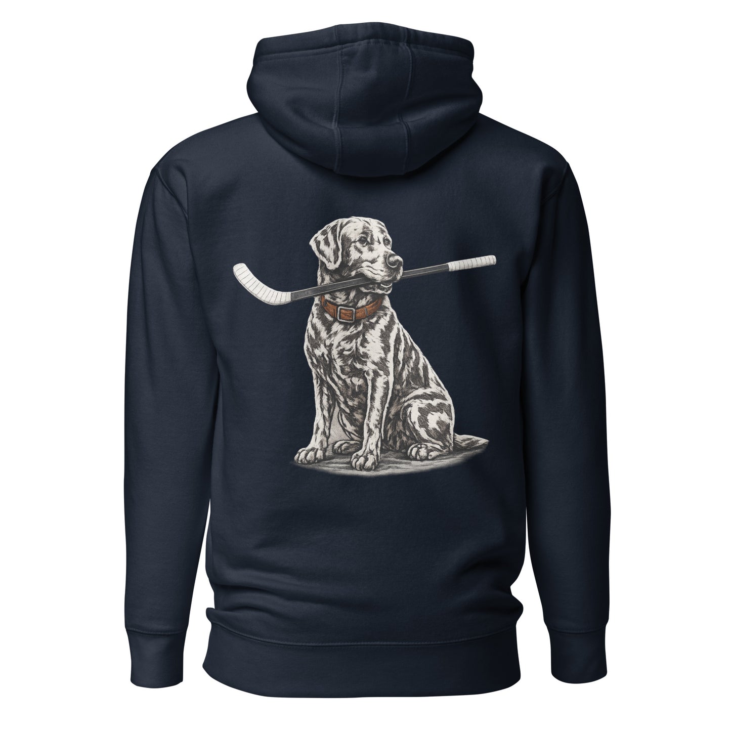 Navy blue hockey hoodie shown from the back, featuring the large dog-with-hockey-stick graphic across the back.