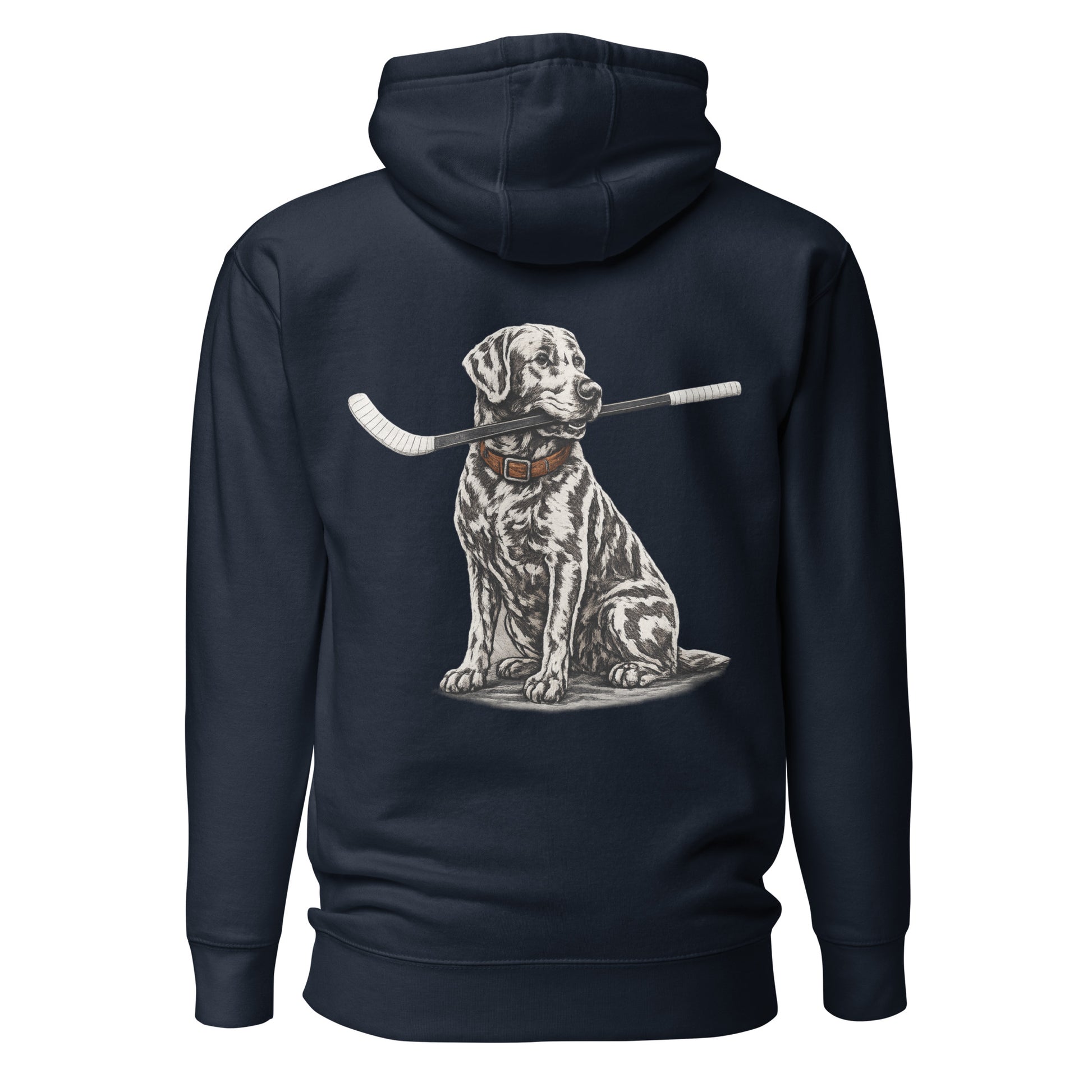Navy blue hockey hoodie shown from the back, featuring the large dog-with-hockey-stick graphic across the back.
