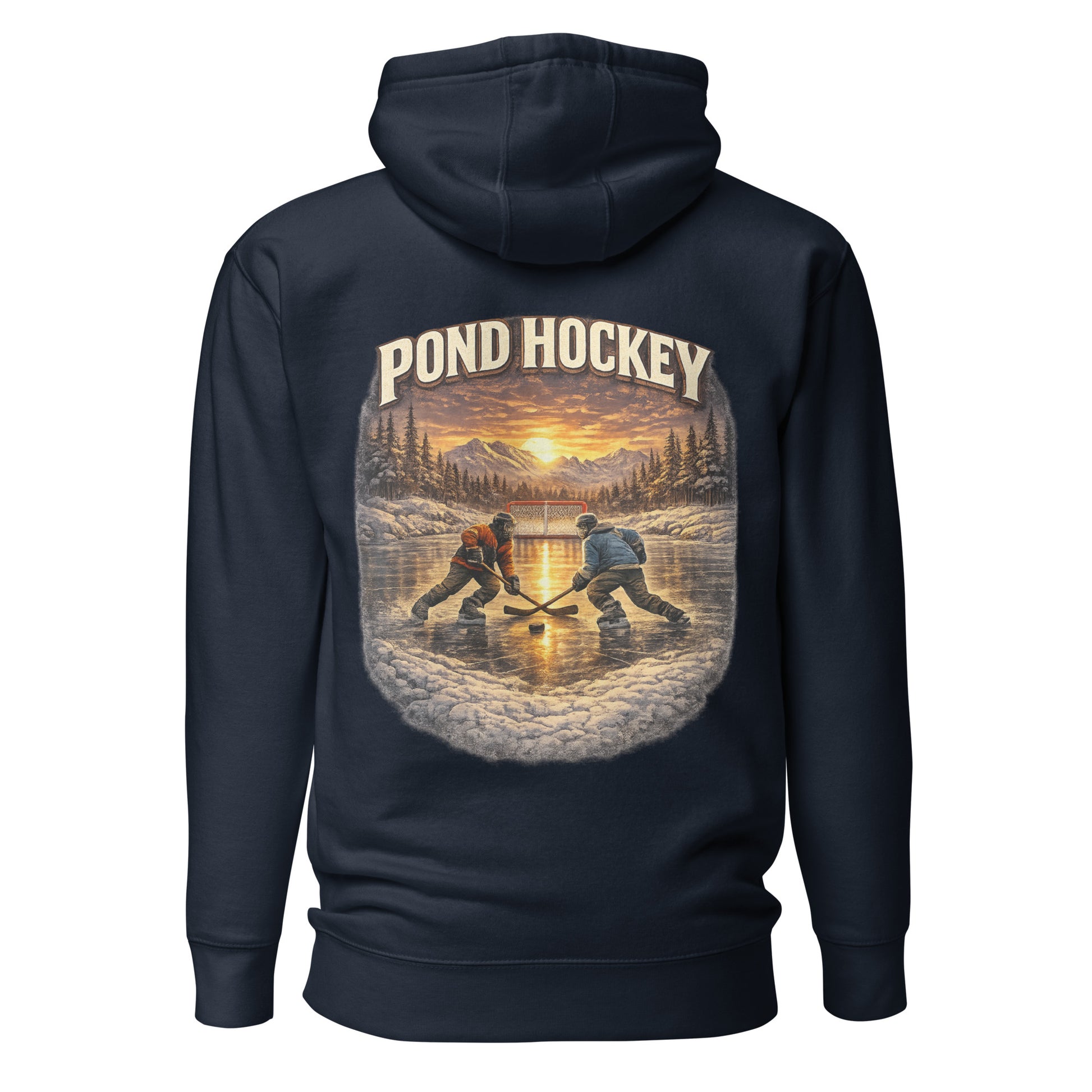 Black pullover hoodie with a large back graphic showing two hockey players on a frozen pond at sunset, with mountains, pine trees, a net in the background, and “POND HOCKEY” in bold lettering above.