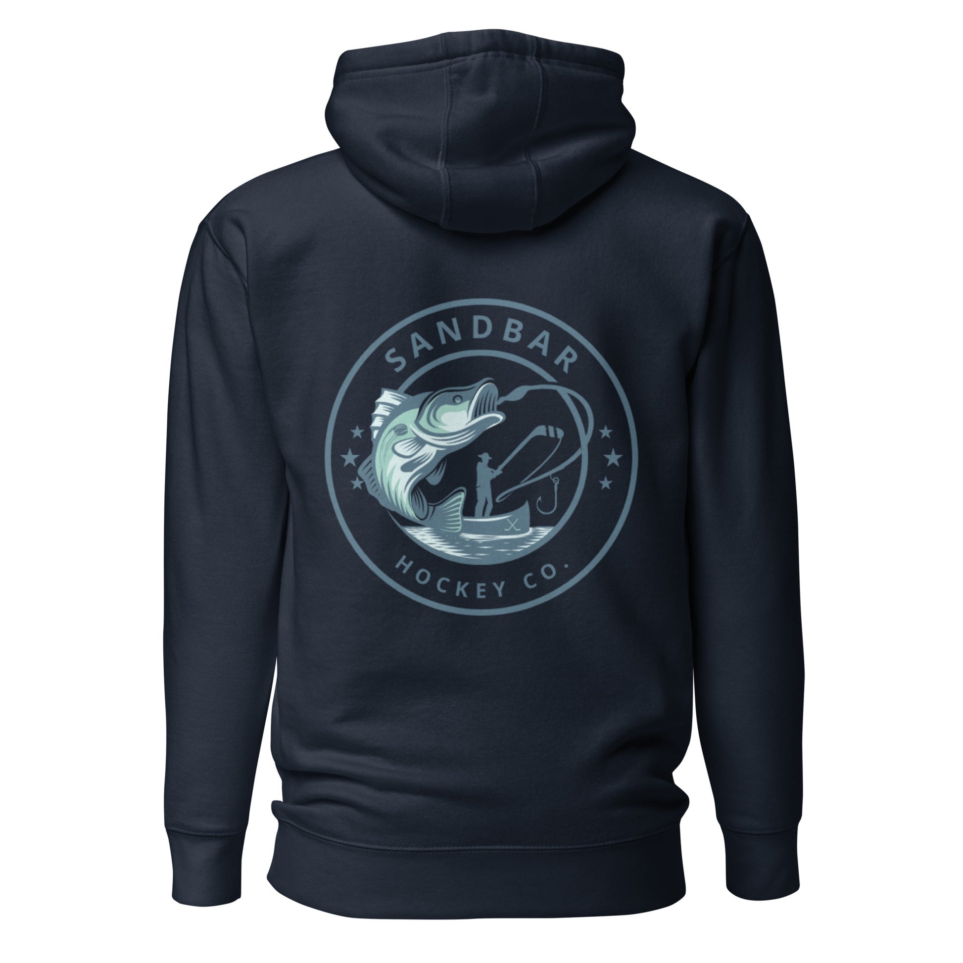 Navy blue fishing hockey hoodie back side with large circular bass fishing logo and fisherman holding hockey stick silhouette