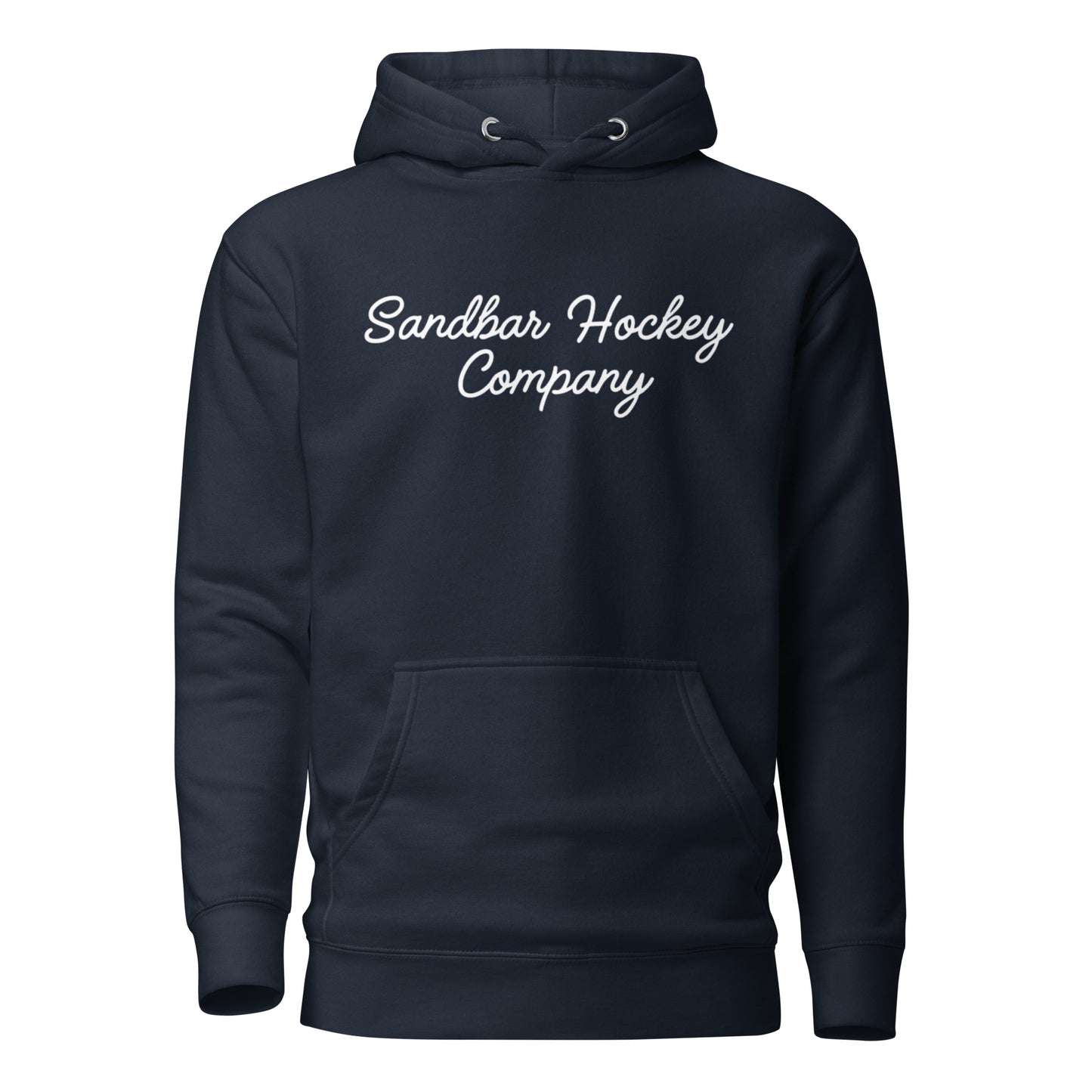 Navy blue hockey hoodie shown from the front, featuring a white Sandbar Hockey Company script logo across the chest.