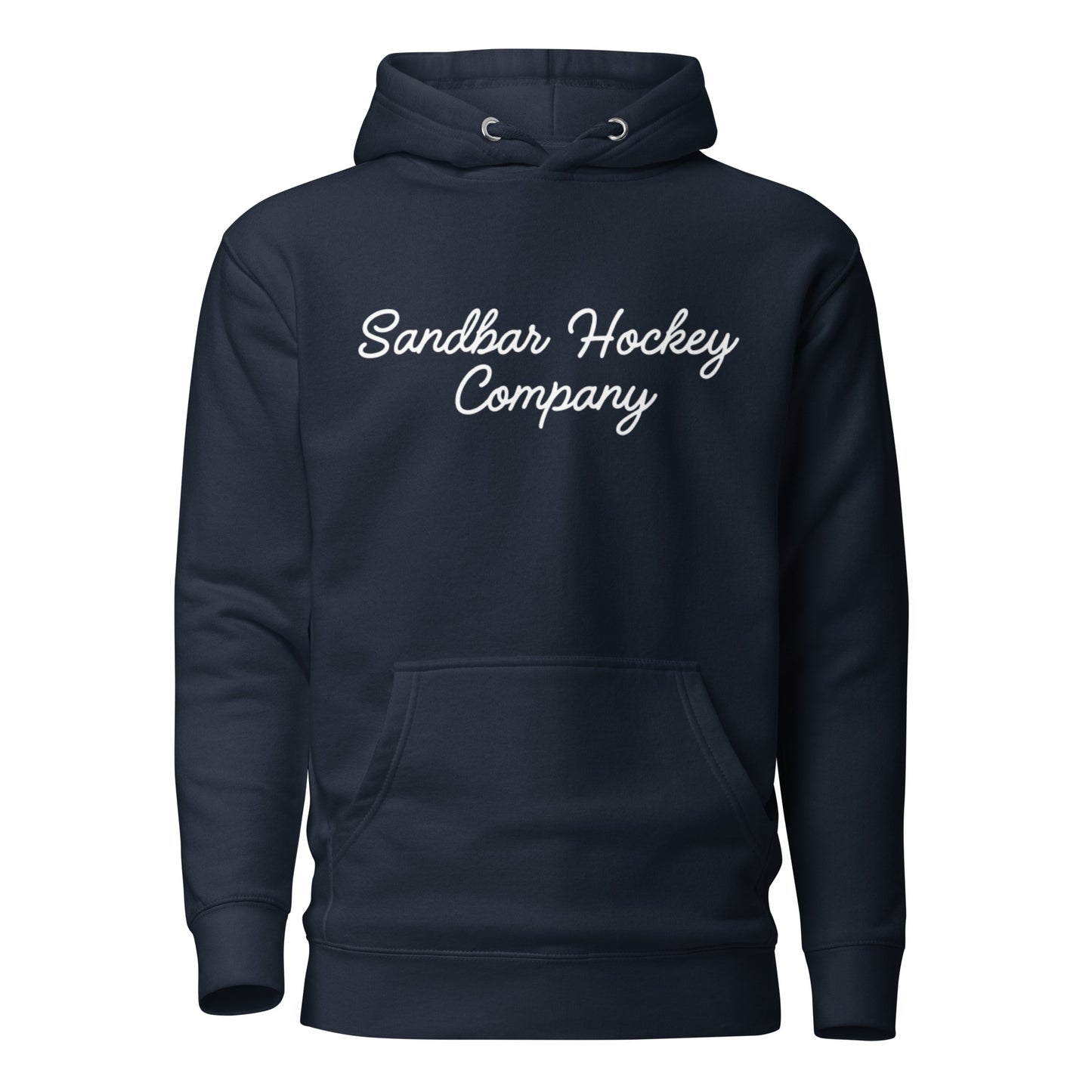 Navy Blue pullover hoodie with “Sandbar Hockey Company” printed in white script across the upper chest and a front kangaroo pocket.