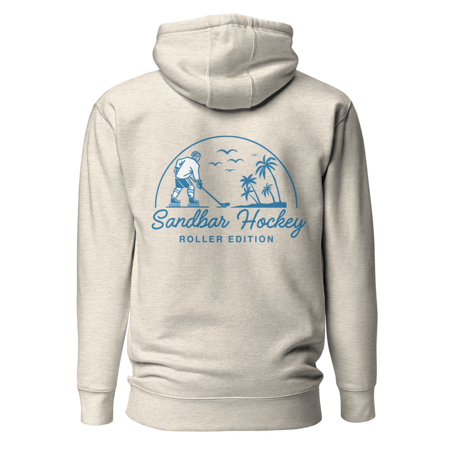 Oatmeal heather coastal roller hockey hoodie with a large blue Sandbar Hockey Roller Edition graphic on the back featuring a roller hockey player, palm trees, birds, and a curved sunset design