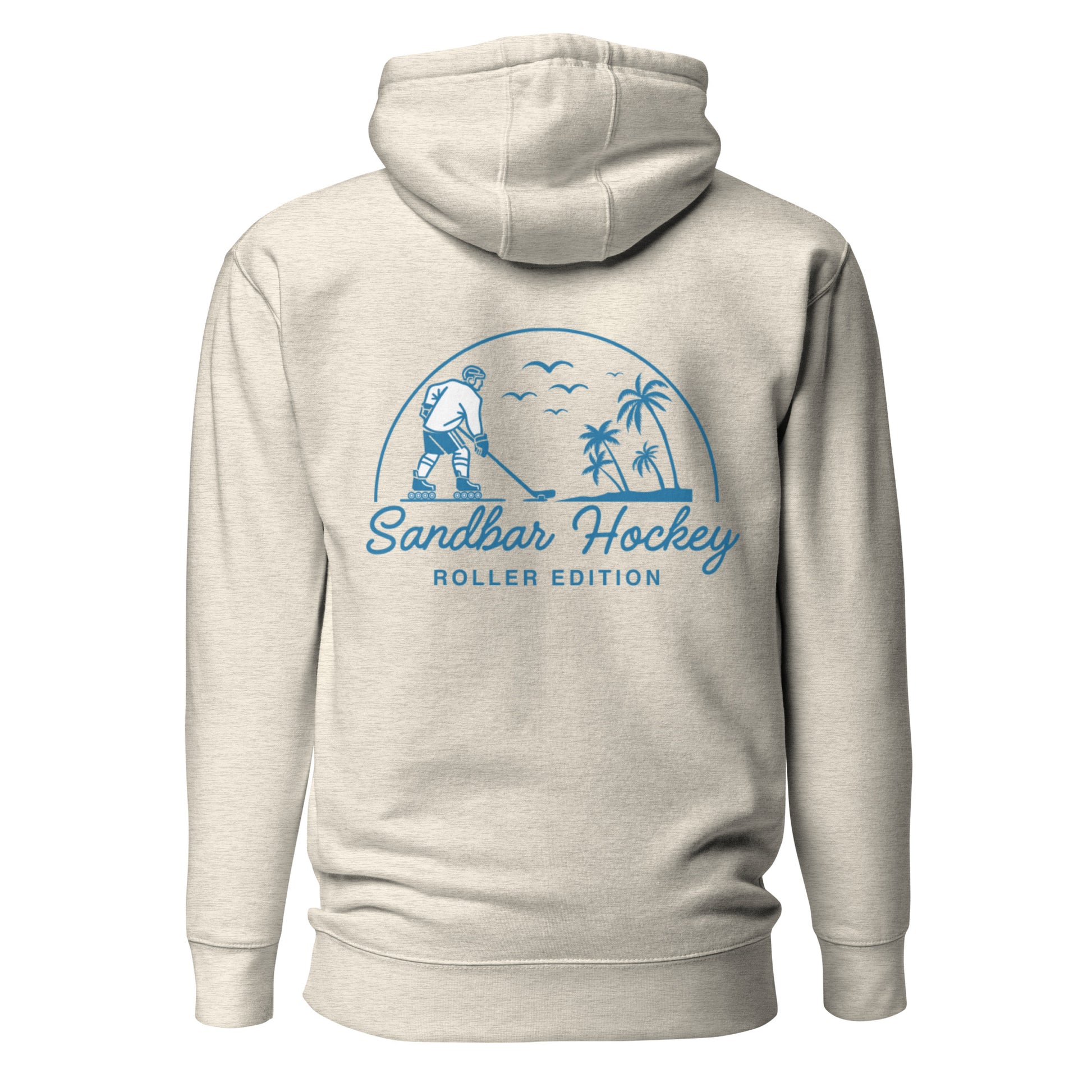 Oatmeal heather coastal roller hockey hoodie with a large blue Sandbar Hockey Roller Edition graphic on the back featuring a roller hockey player, palm trees, birds, and a curved sunset design