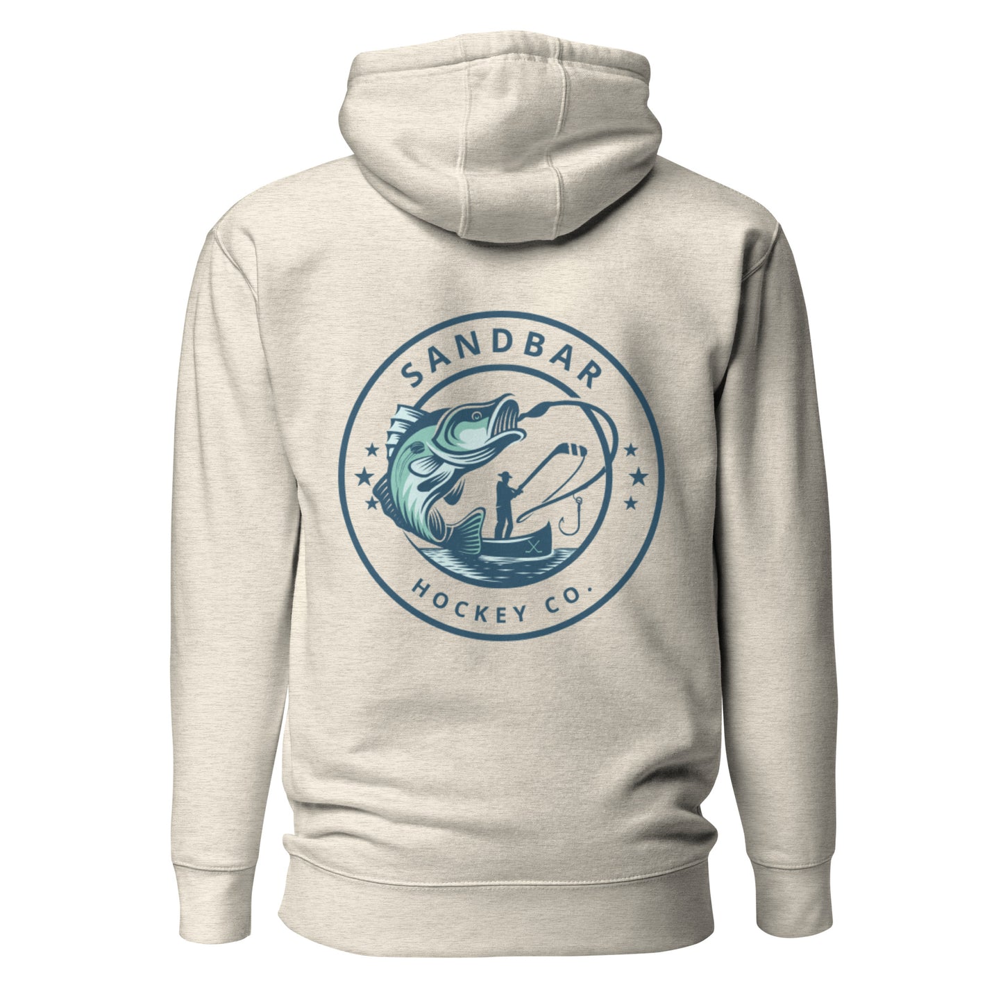 Oatmeal heather fishing hockey hoodie back side with large circular bass fishing logo and fisherman holding hockey stick silhouette