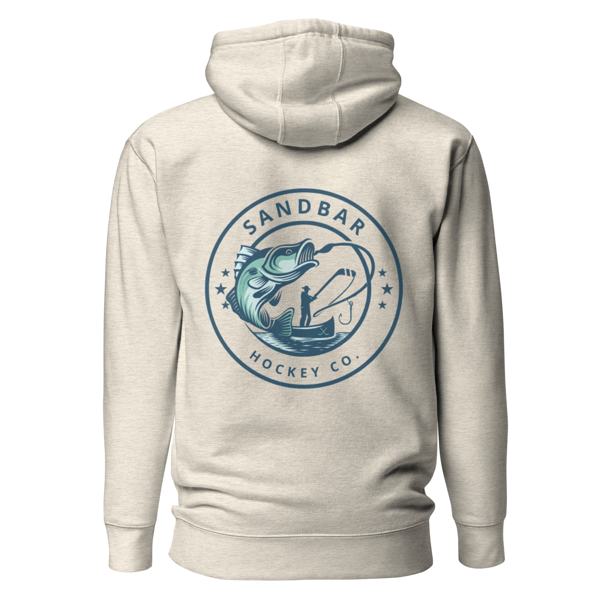 Oatmeal heather fishing hockey hoodie back side with large circular bass fishing logo and fisherman holding hockey stick silhouette