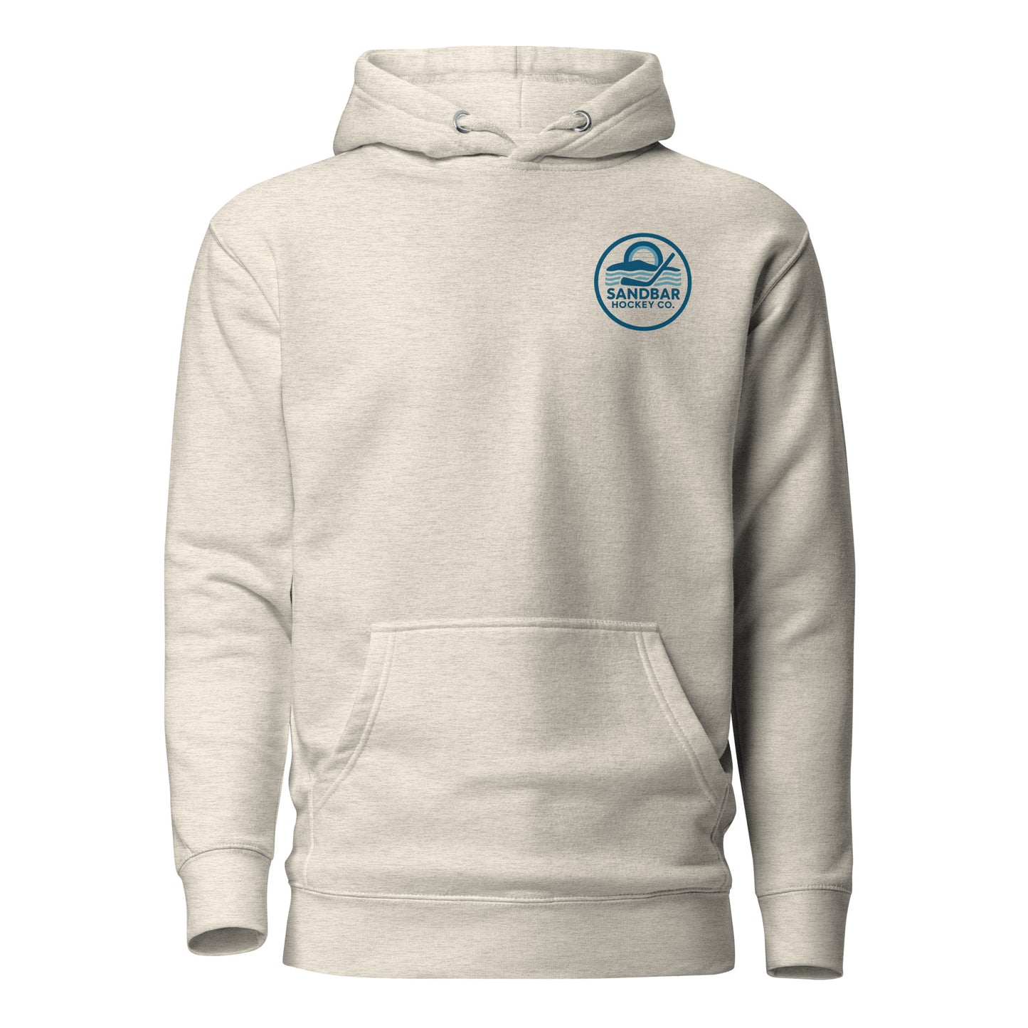 Oatmeal heather coastal roller hockey hoodie with a small blue round Sandbar Hockey Co. logo on the front left chest