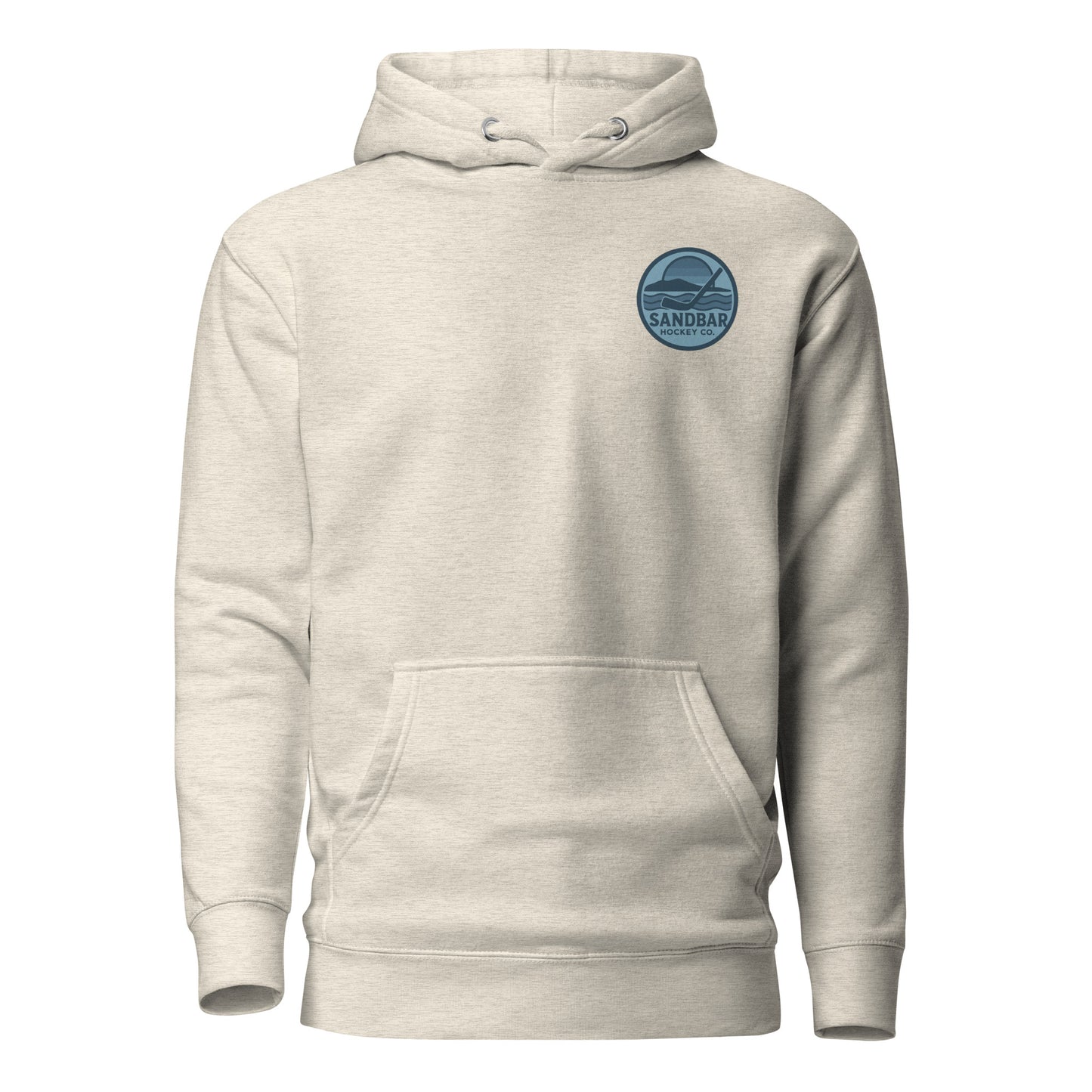 Oatmeal heather fishing hockey hoodie front side with small blue Sandbar Hockey logo