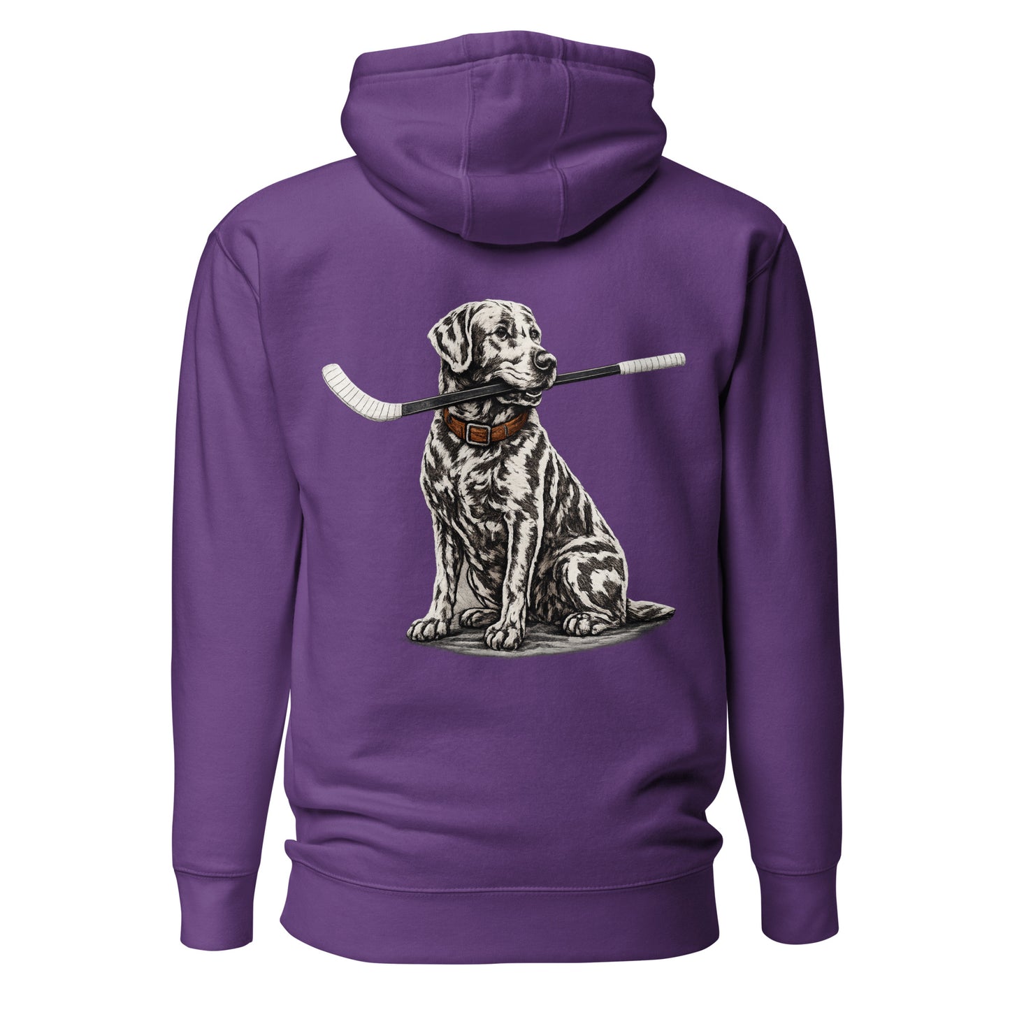 Purple hockey hoodie shown from the back, featuring the large dog-with-hockey-stick graphic across the back.