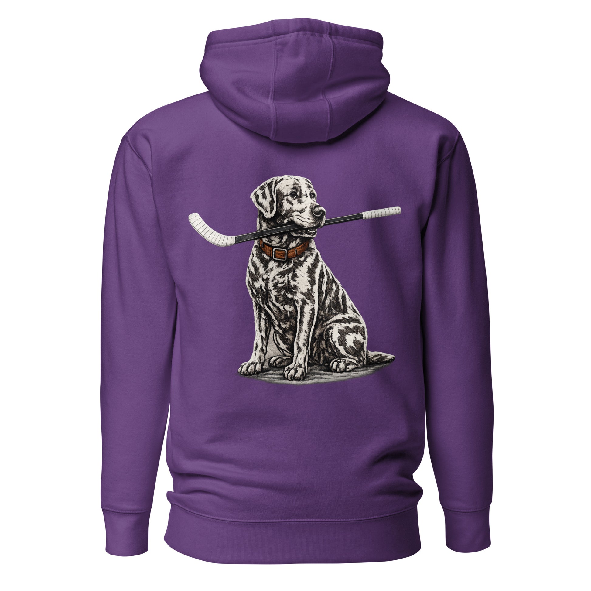 Purple hockey hoodie shown from the back, featuring the large dog-with-hockey-stick graphic across the back.