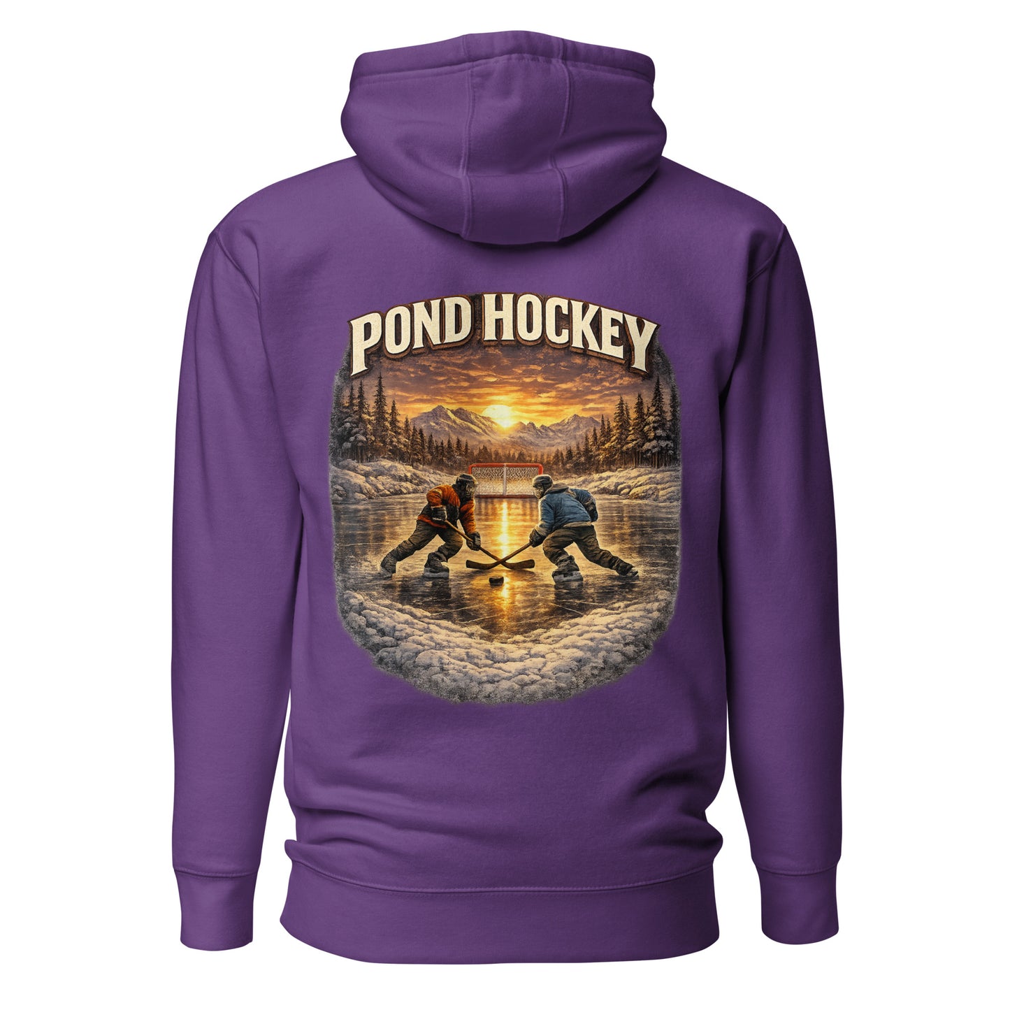 Purple pullover hoodie with a large back graphic showing two hockey players on a frozen pond at sunset, with mountains, pine trees, a net in the background, and “POND HOCKEY” in bold lettering above.