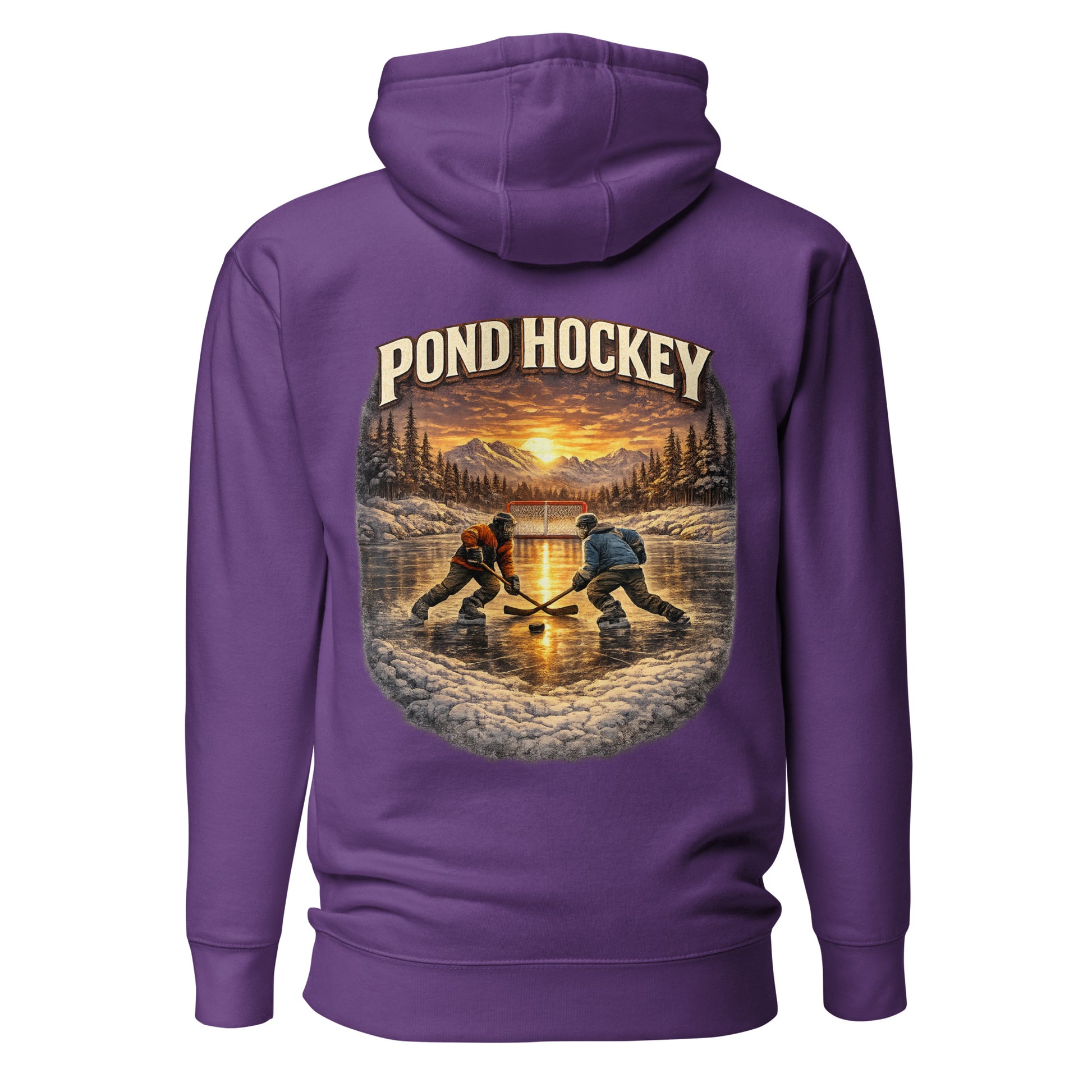 Purple pullover hoodie with a large back graphic showing two hockey players on a frozen pond at sunset, with mountains, pine trees, a net in the background, and “POND HOCKEY” in bold lettering above.