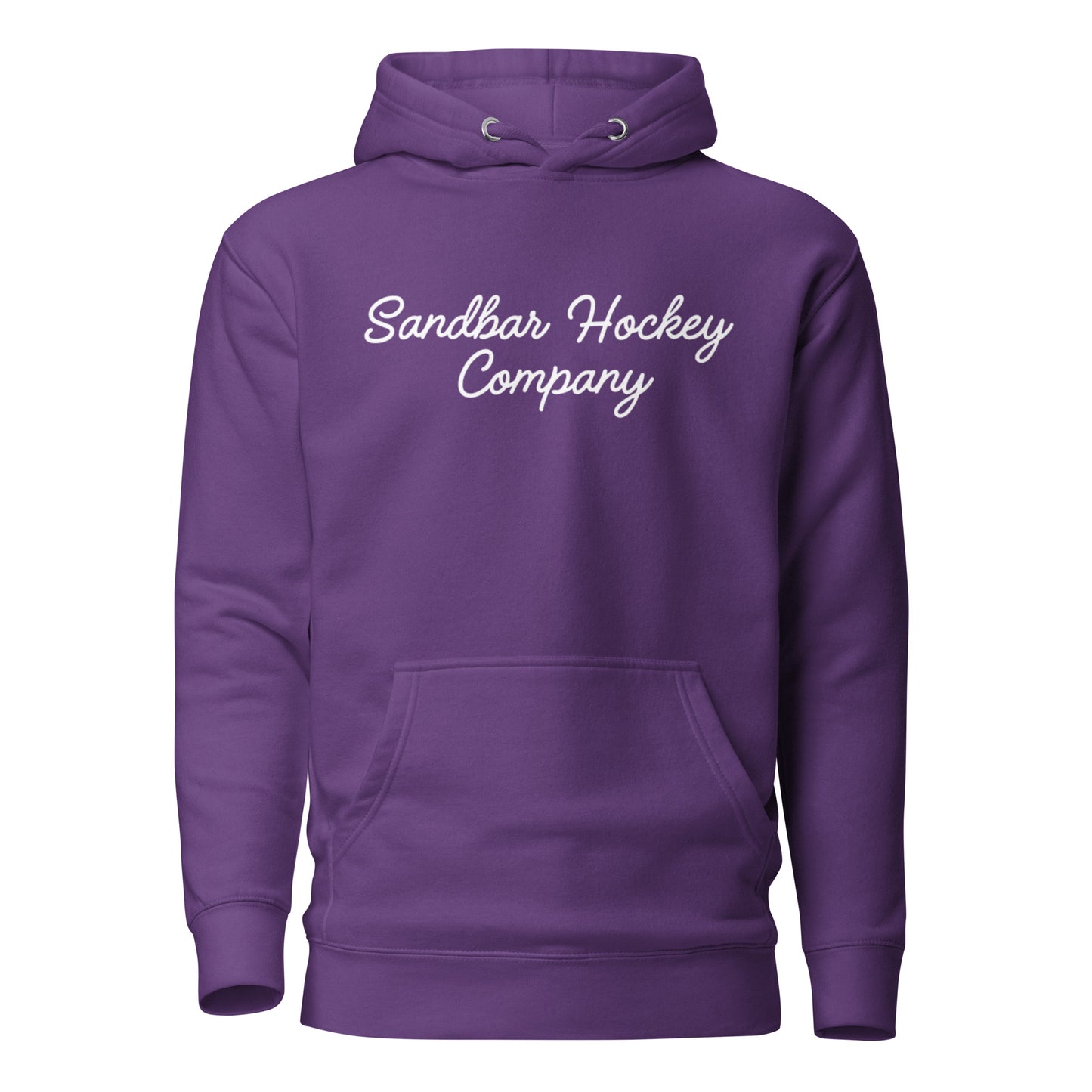 Purple hockey hoodie shown from the front, featuring a white Sandbar Hockey Company script logo across the chest.