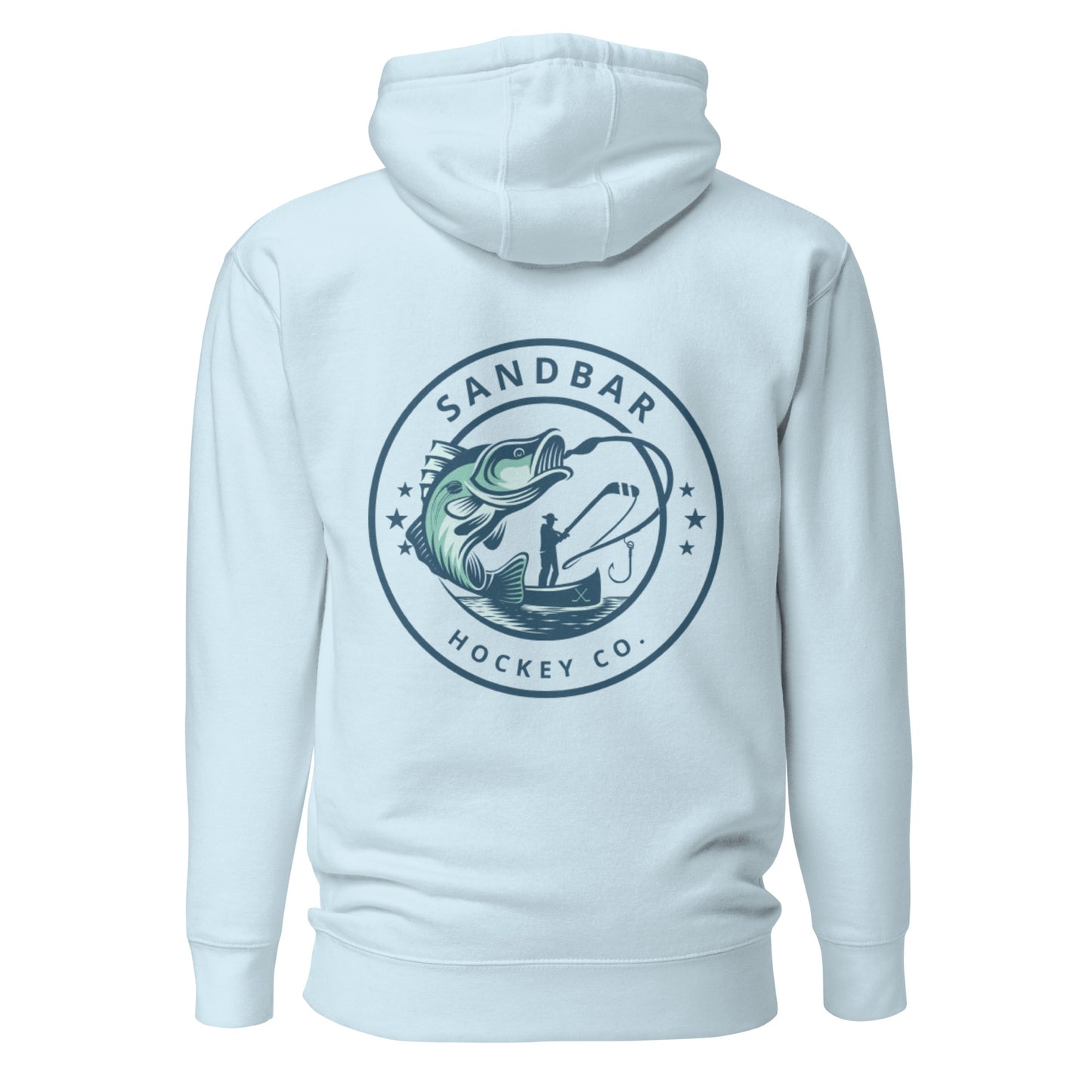 Light blue fishing hockey hoodie back side with large circular bass fishing logo and fisherman holding hockey stick silhouette