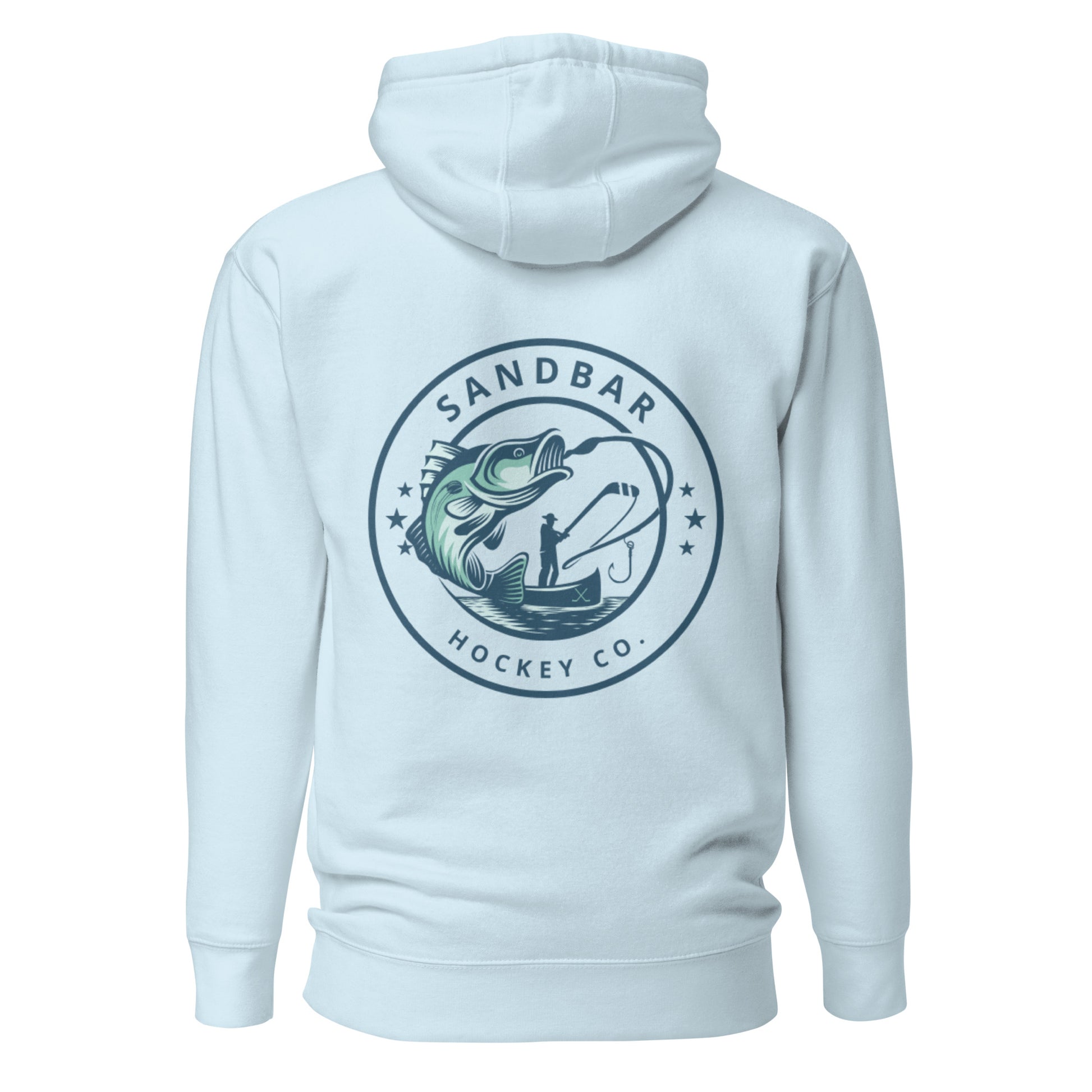 Light blue fishing hockey hoodie back side with large circular bass fishing logo and fisherman holding hockey stick silhouette