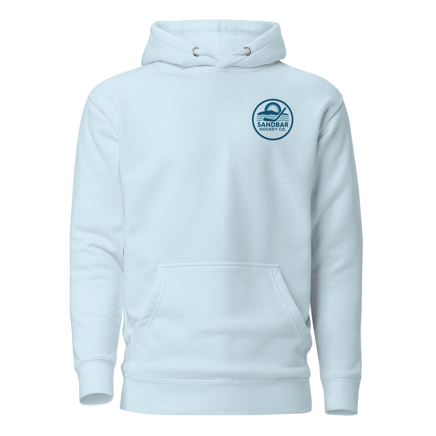 Light blue coastal roller hockey hoodie with a small blue round Sandbar Hockey Co. logo on the front left chest