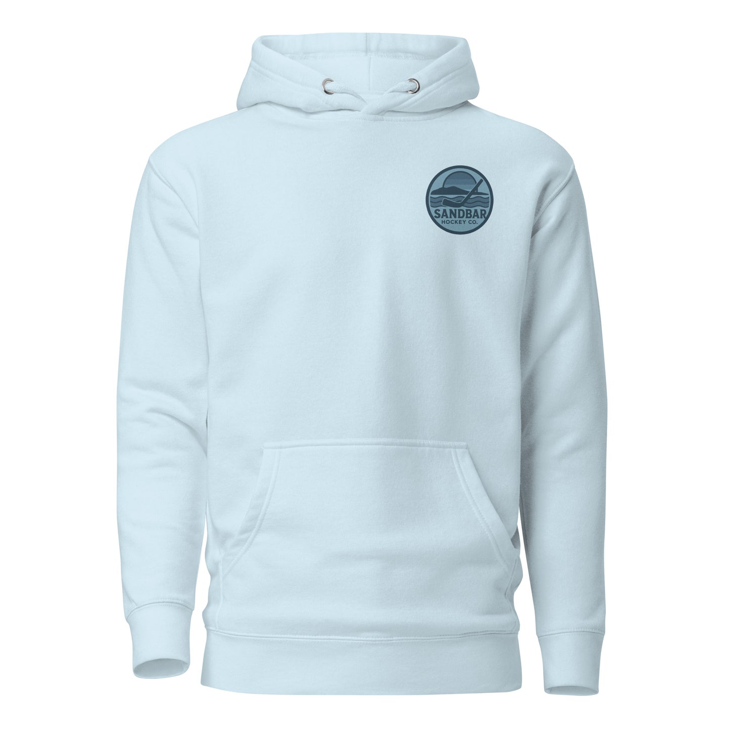 Light blue fishing hockey hoodie front side with small blue Sandbar Hockey logo
