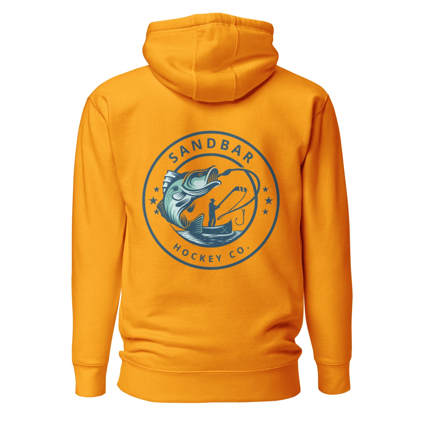 Gold fishing hockey hoodie back side with large circular bass fishing logo and fisherman holding hockey stick silhouette