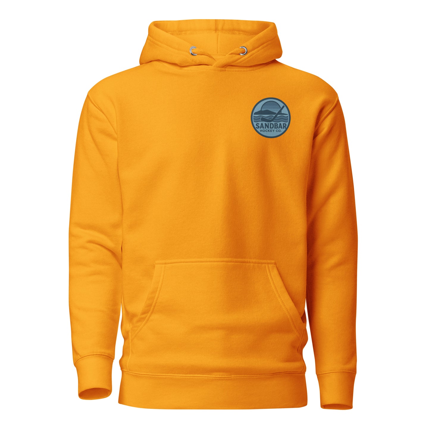 Gold fishing hockey hoodie front side with small blue Sandbar Hockey logo