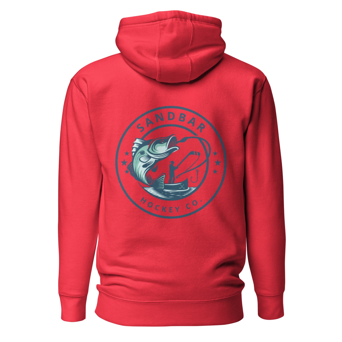 Red fishing hockey hoodie back side with large circular bass fishing logo and fisherman holding hockey stick silhouette