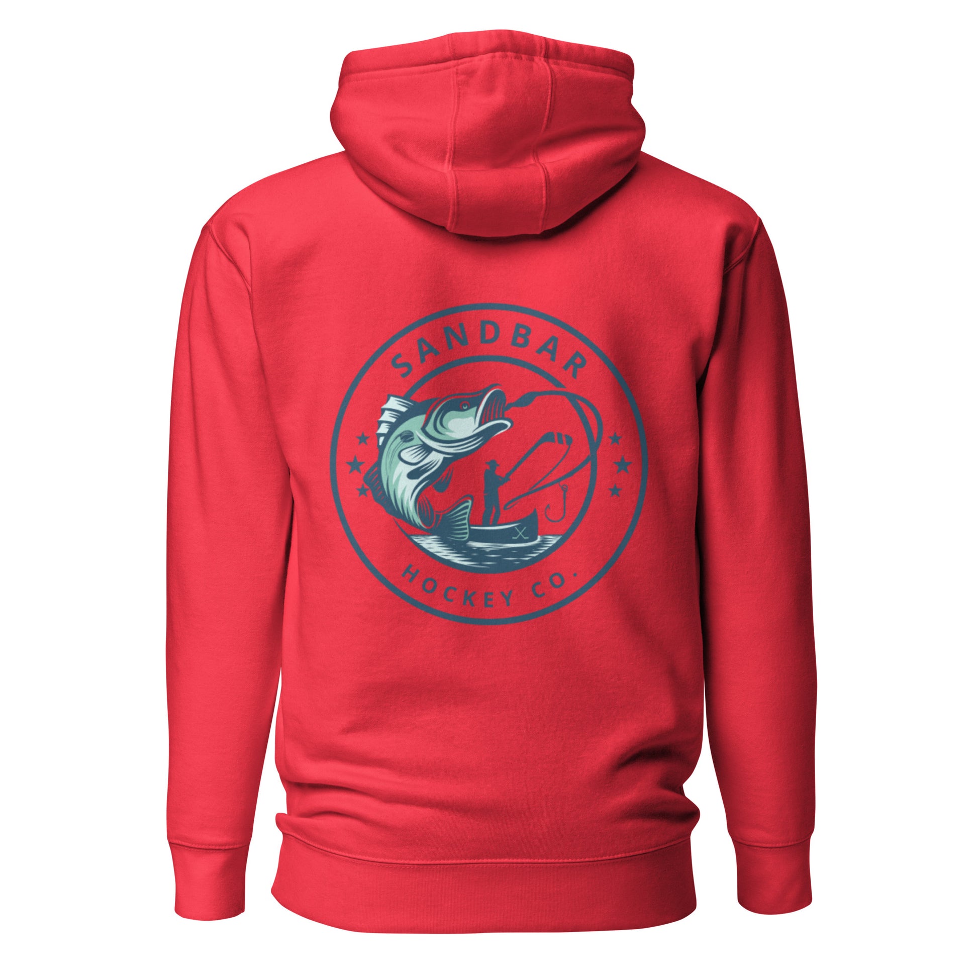 Red fishing hockey hoodie back side with large circular bass fishing logo and fisherman holding hockey stick silhouette