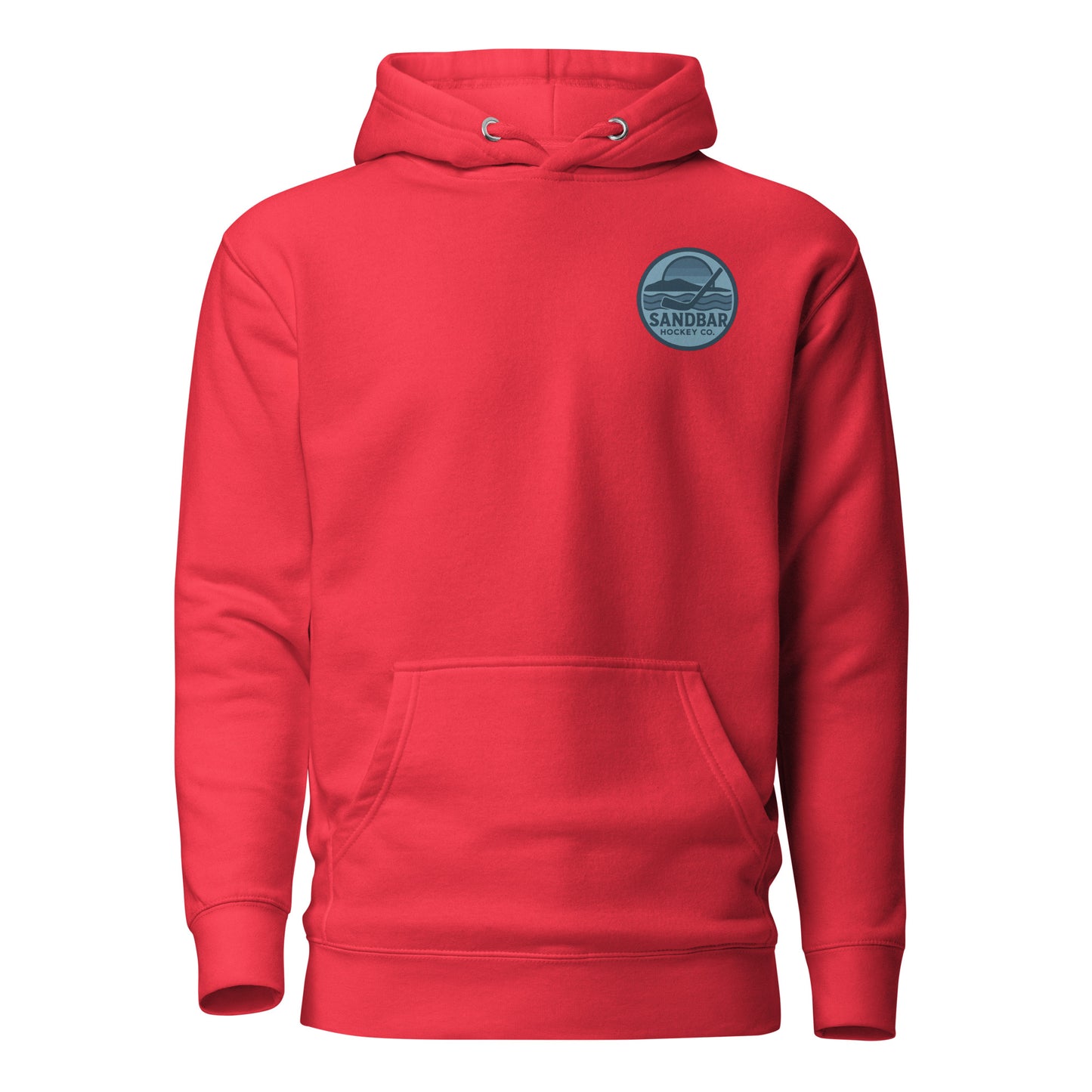 Red fishing hockey hoodie front side with small blue Sandbar Hockey logo