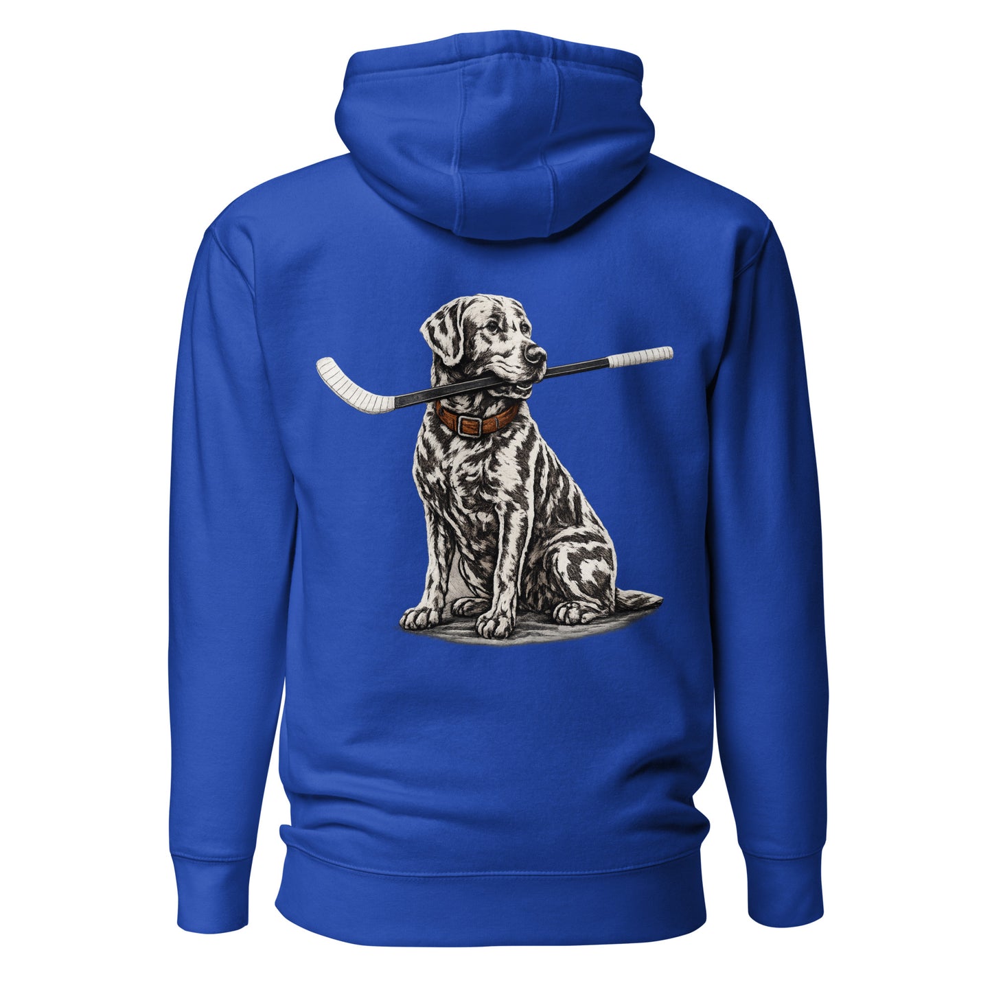 Royal blue hockey hoodie shown from the back, featuring the large dog-with-hockey-stick graphic across the back.