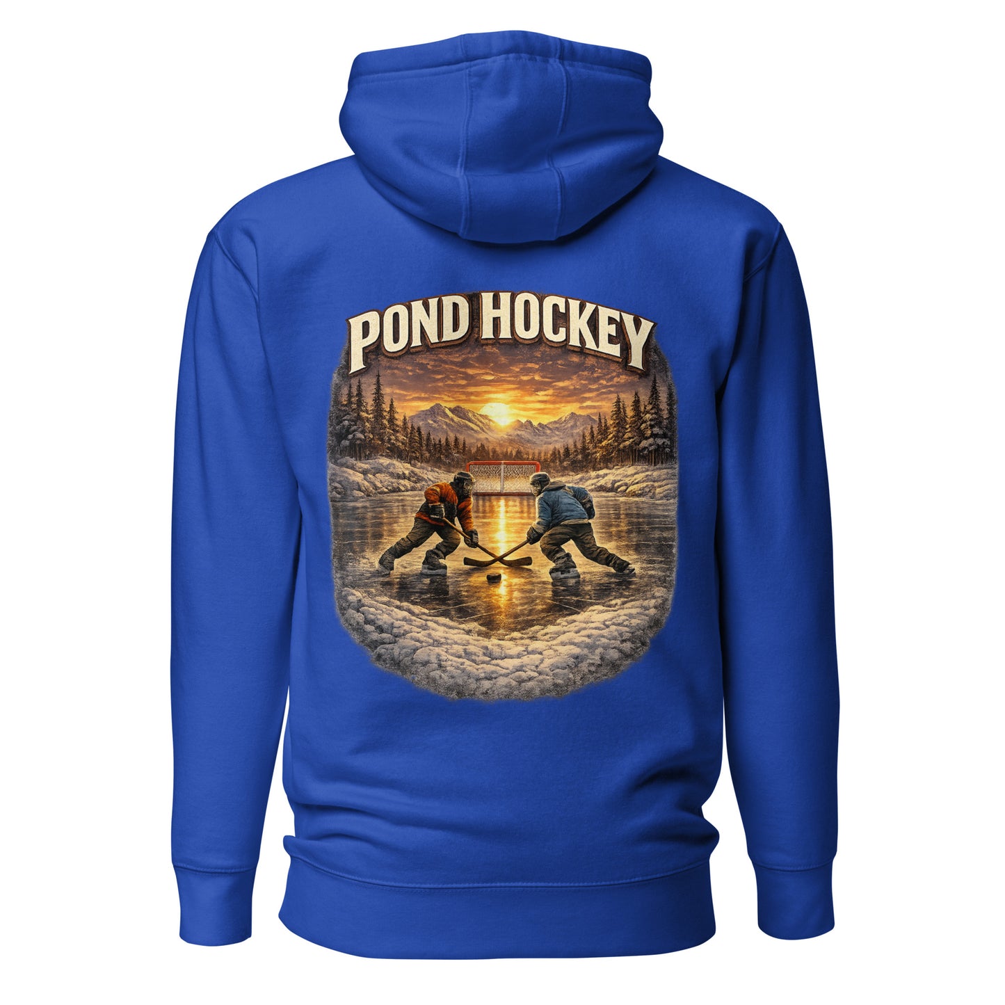 Blue pullover hoodie with a large back graphic showing two hockey players on a frozen pond at sunset, with mountains, pine trees, a net in the background, and “POND HOCKEY” in bold lettering above.
