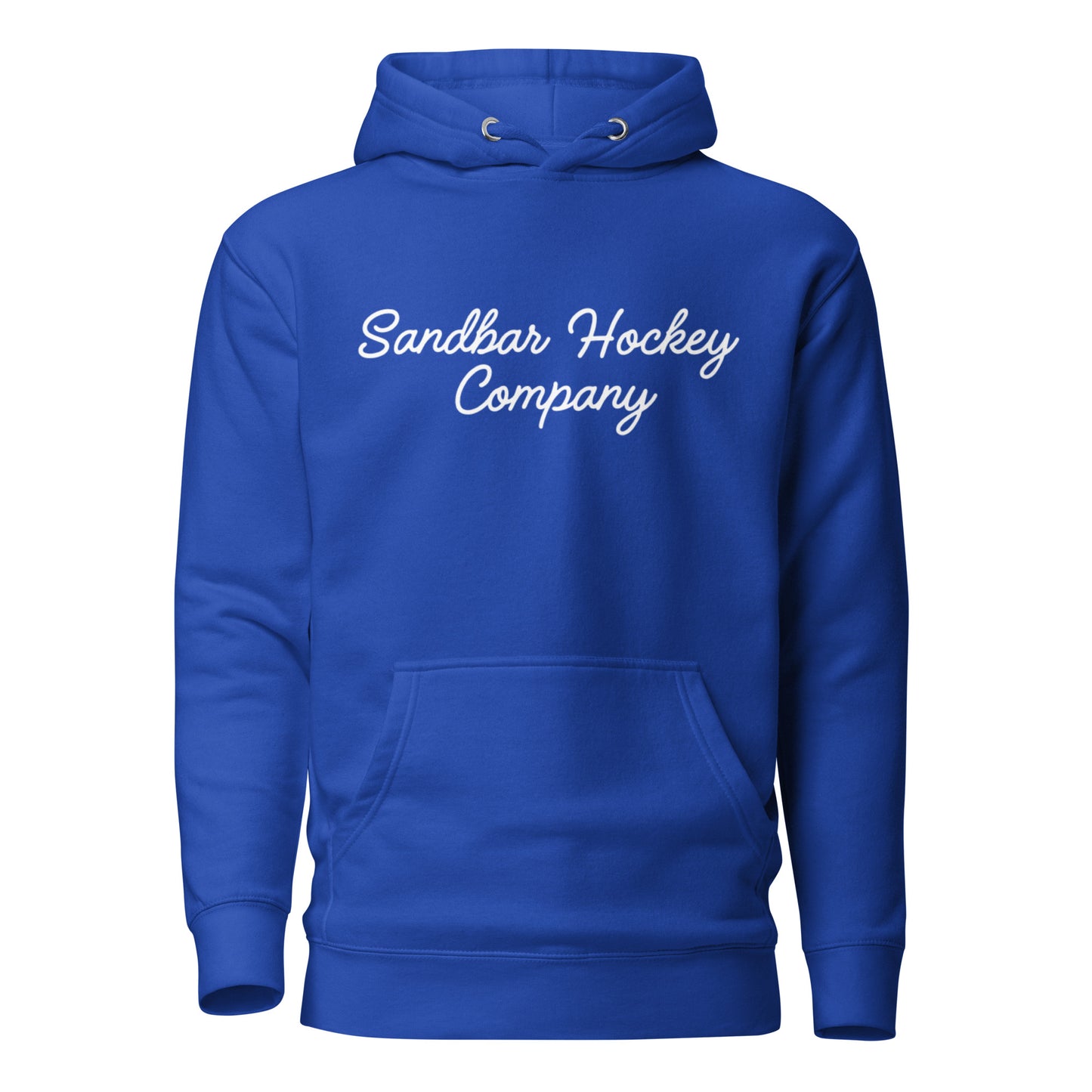 Blue pullover hoodie with “Sandbar Hockey Company” printed in white script across the upper chest and a front kangaroo pocket.
