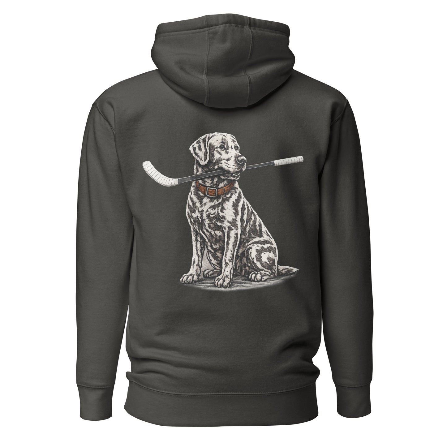 Grey heather hockey hoodie shown from the back, featuring the large dog-with-hockey-stick graphic across the back.