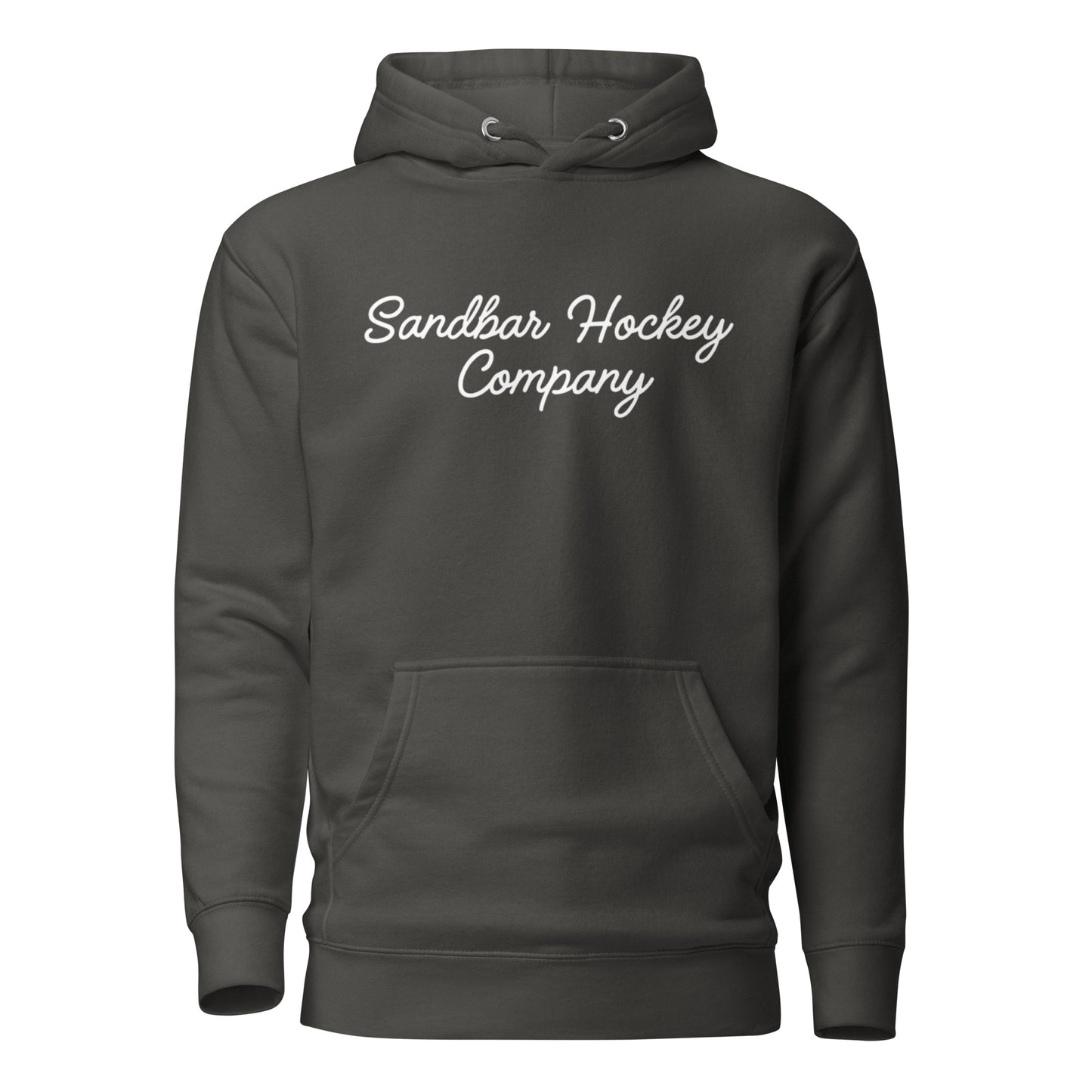 Grey heather hockey hoodie shown from the front, featuring a white Sandbar Hockey Company script logo across the chest.